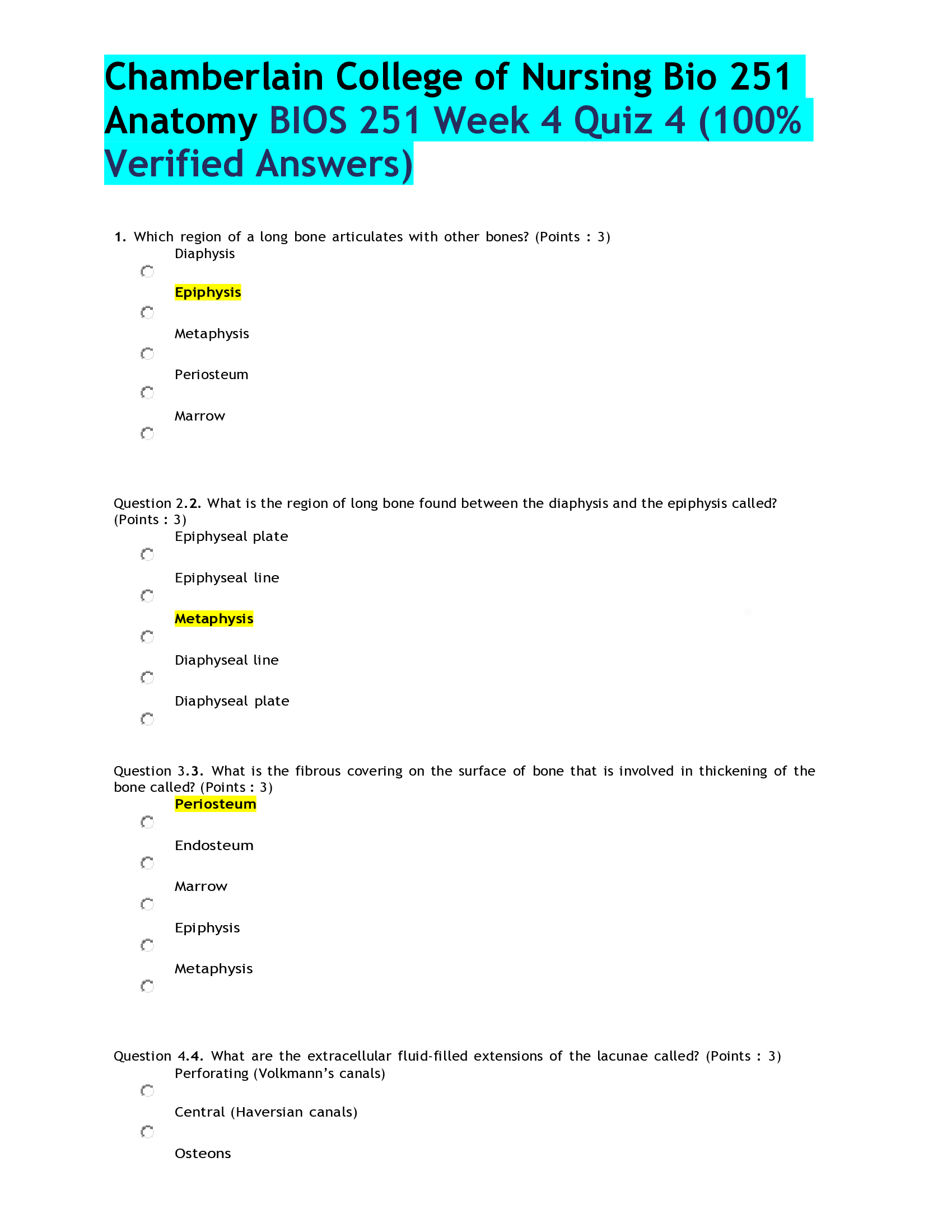 Chamberlain College of Nursing Bio 251 Anatomy BIOS 251 Week 4 Quiz 4 (100% Verified Answers)