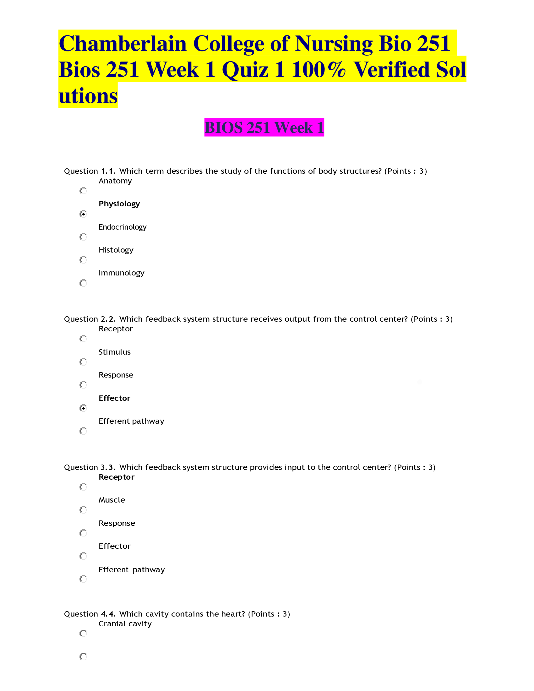 Chamberlain College of Nursing Bio 251 Bios 251 Week 1 Quiz 1 100% Verified Solutions