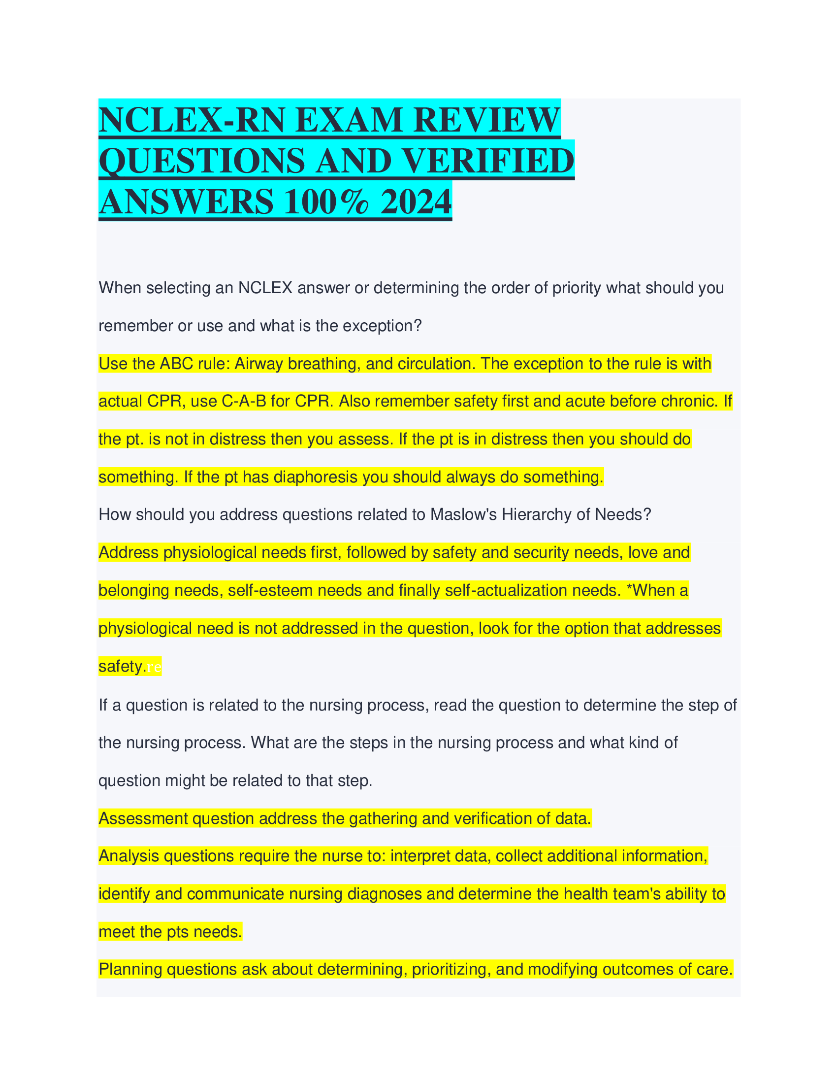 NCLEX-RN EXAM REVIEW QUESTIONS AND VERIFIED ANSWERS 100% 2024