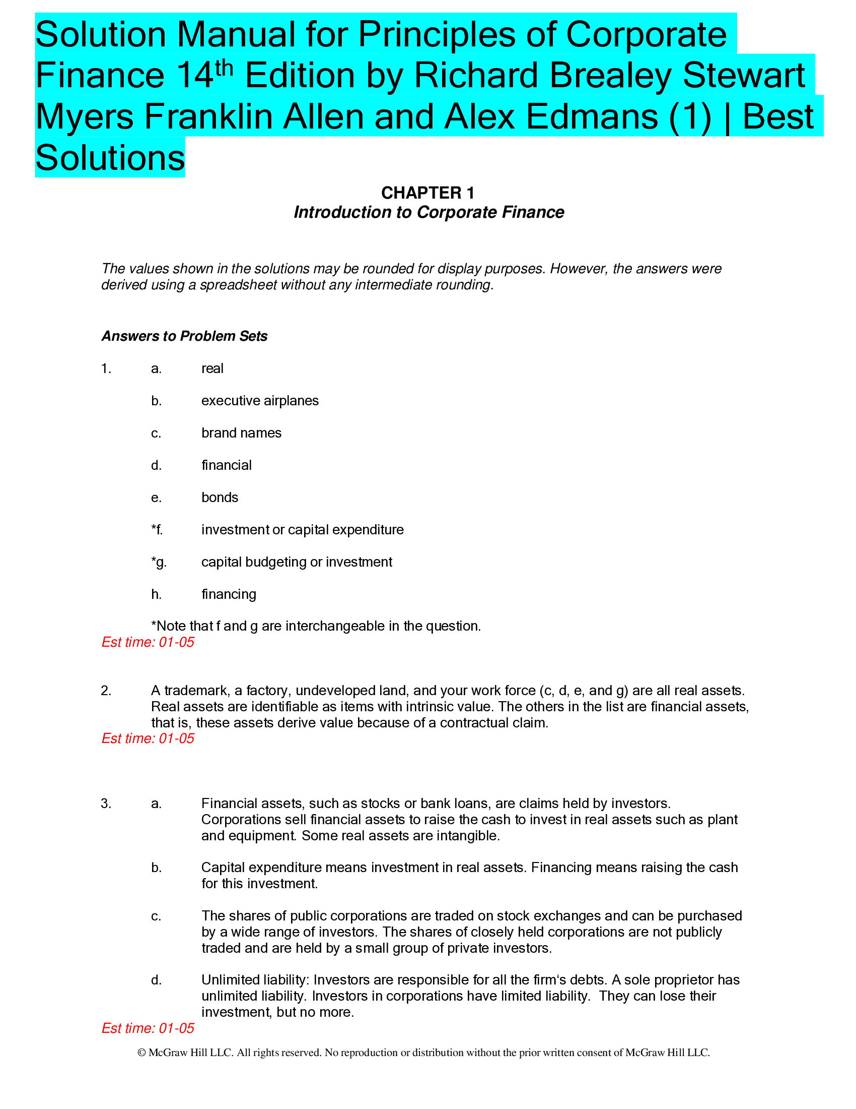 Solutions Manual Fundamentals of Corporate Finance 13th edition Ross, Westerfield, and Jordan | Complete Solutions
