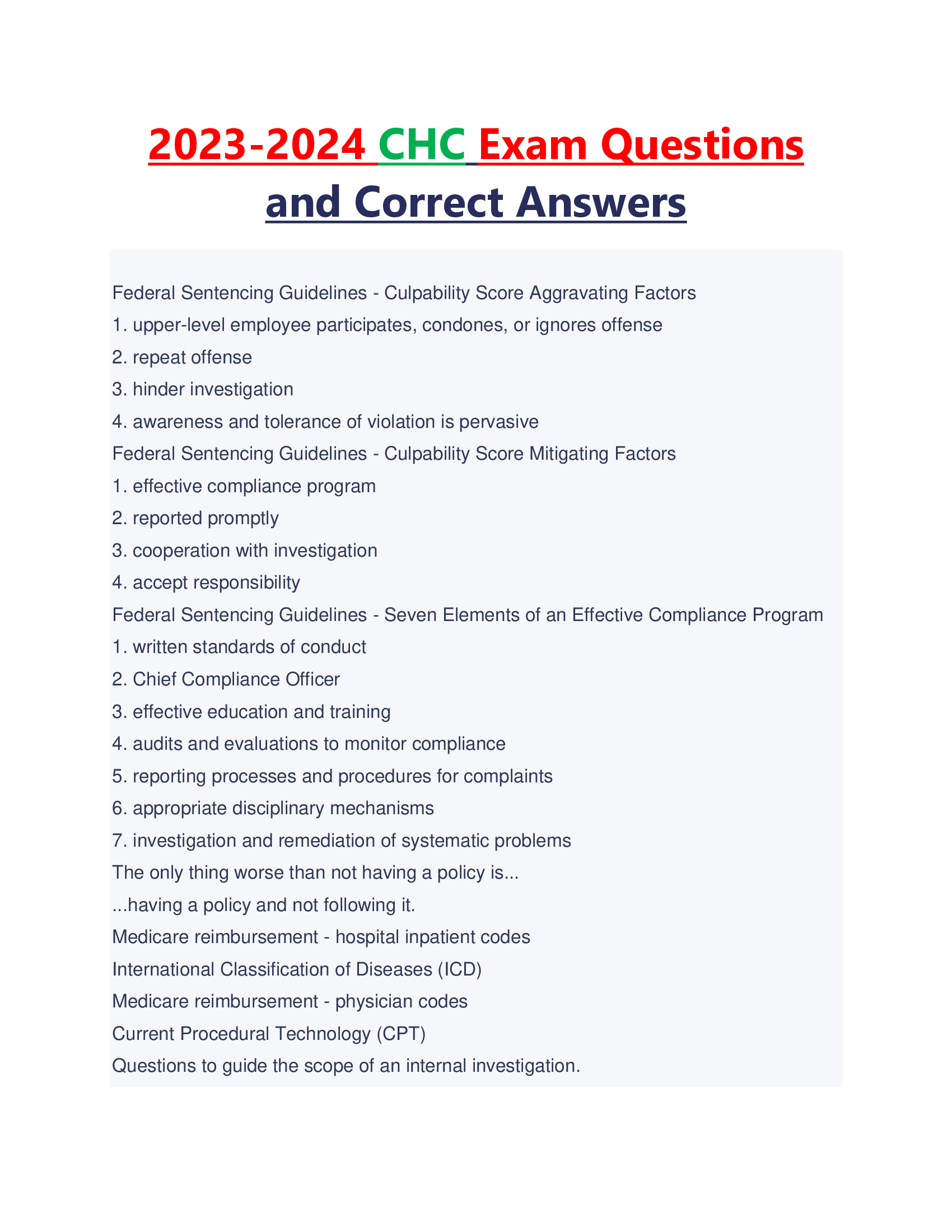 2023-2024 CHC Exam Questions and Correct Answers