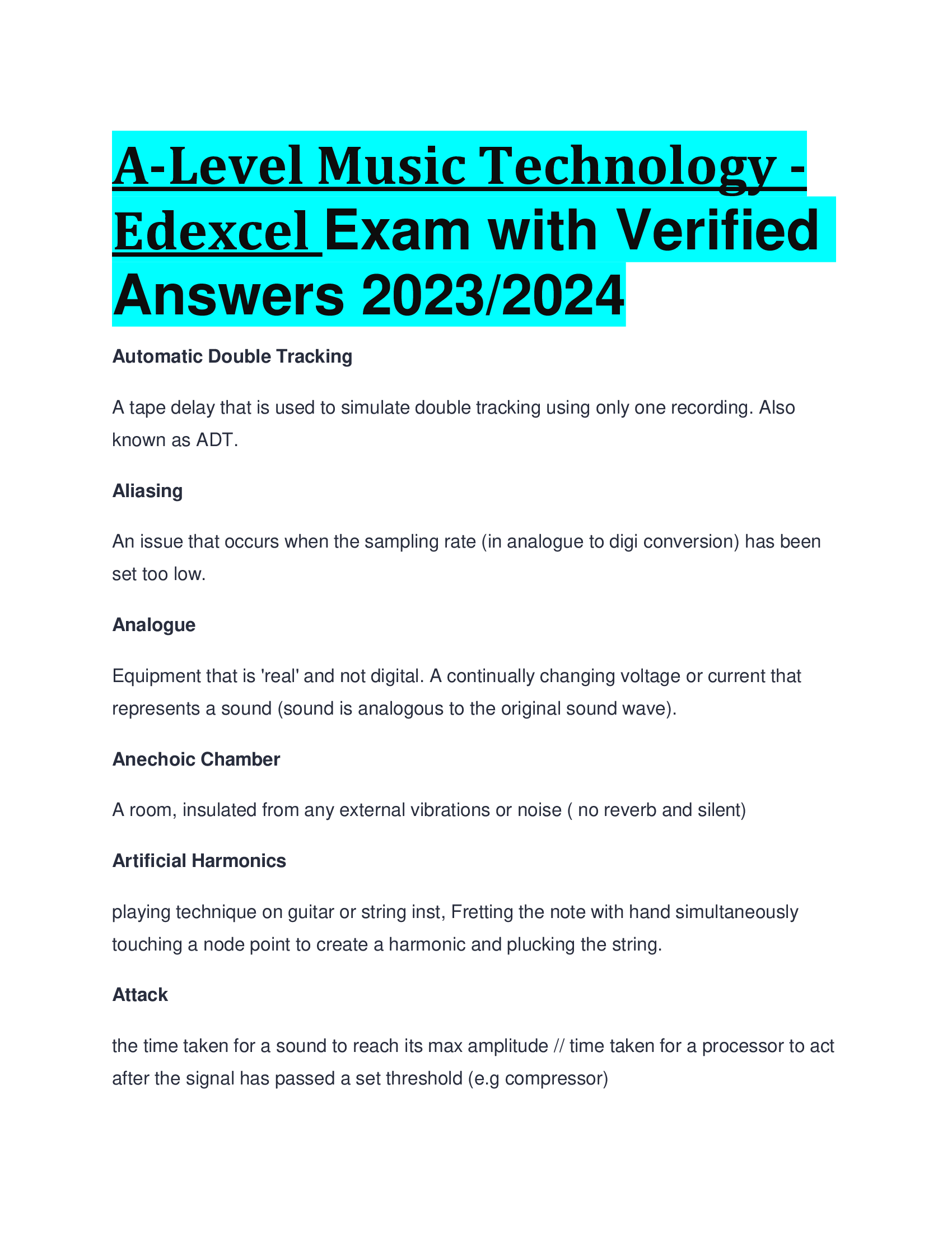 A-Level Music Technology - Edexcel Exam with Verified Answers 2023, 2024