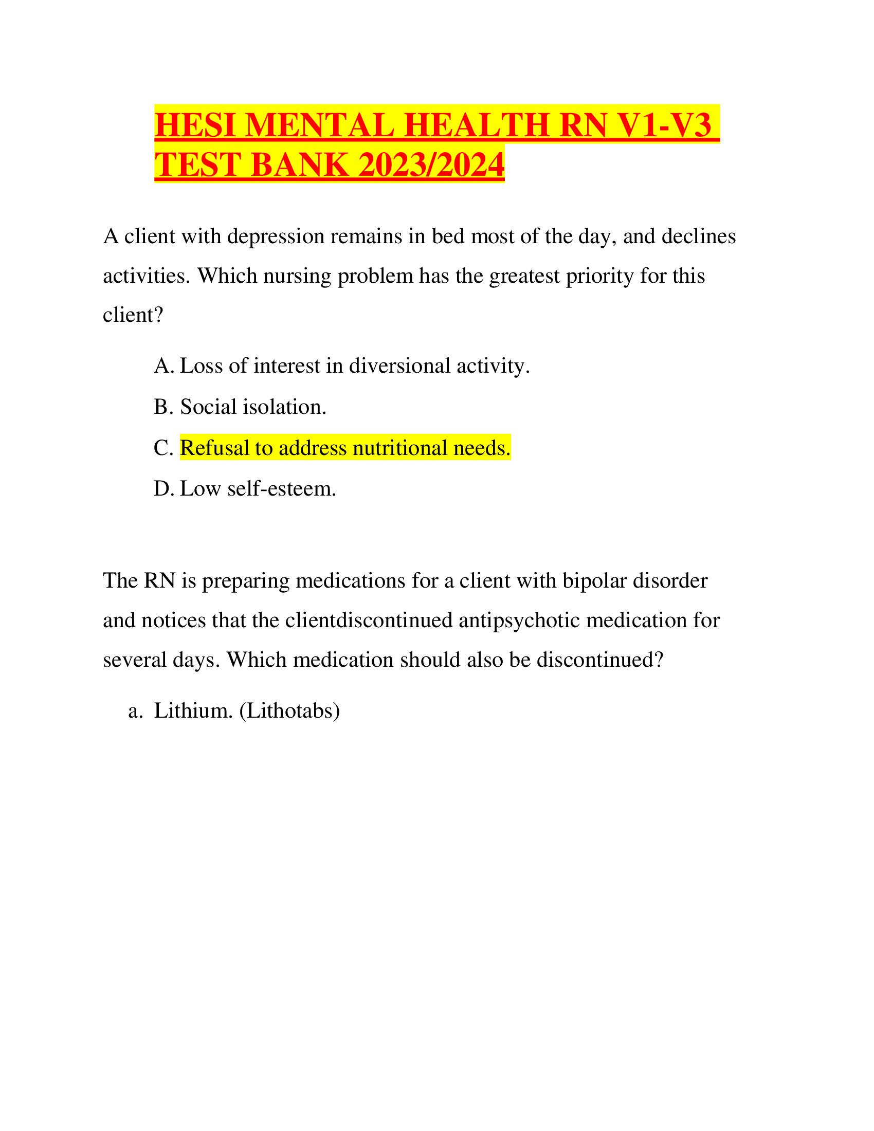 HESI MENTAL HEALTH RN V1-V3 TEST BANK 2023, 2024