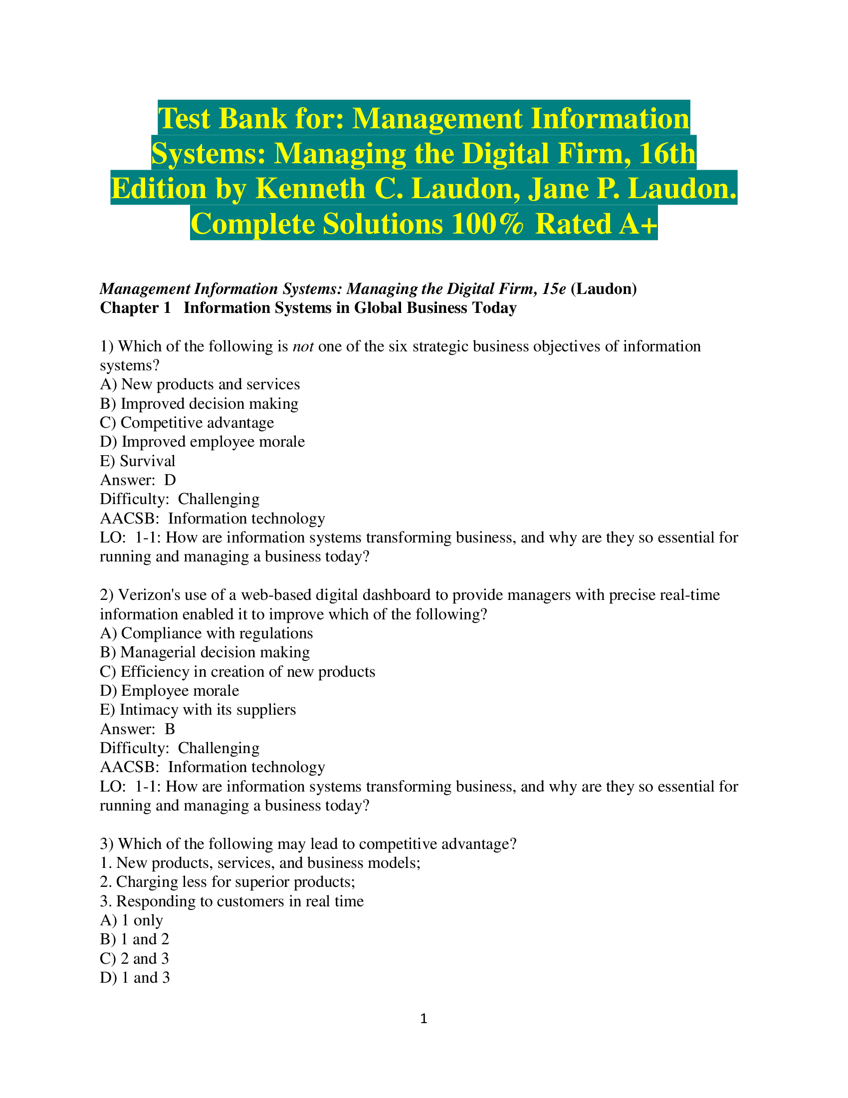 Test Bank for: Management Information Systems: Managing the Digital Firm, 16th Edition by Kenneth C. Laudon, Jane P. Laudon. Complete Solutions 100% Rated A+