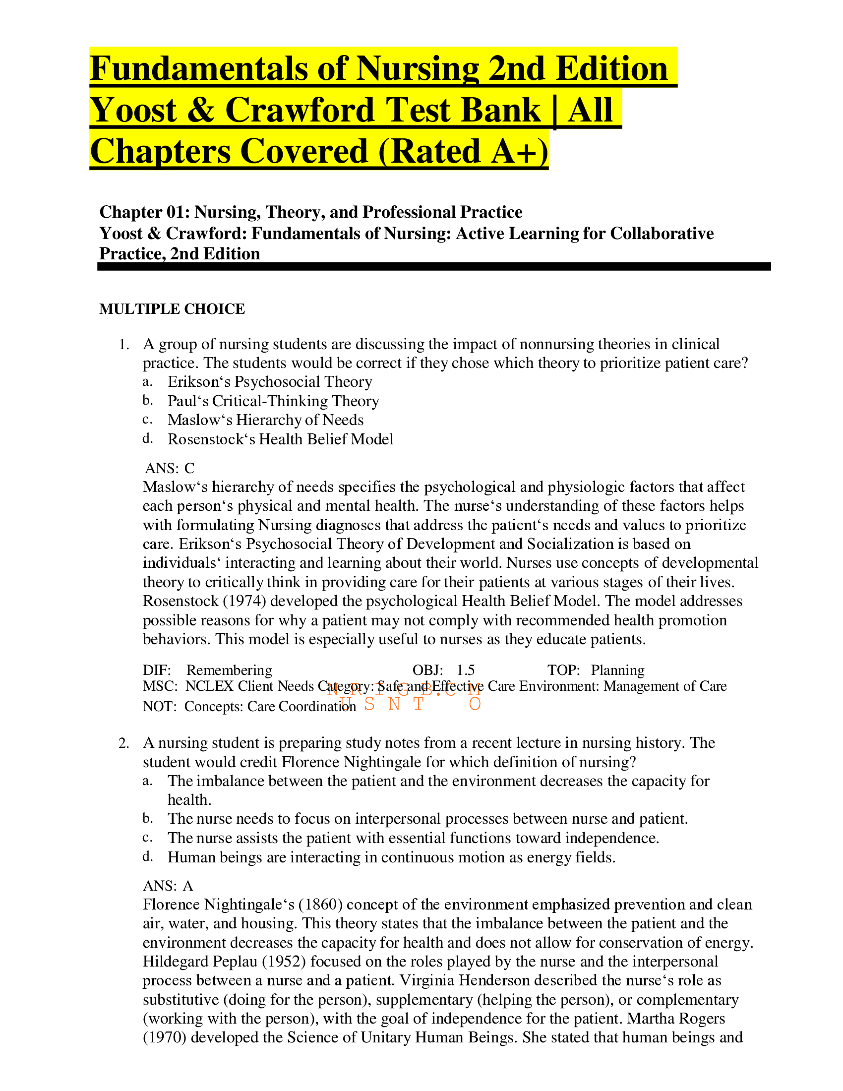Fundamentals of Nursing 2nd Edition Yoost & Crawford  Test Bank