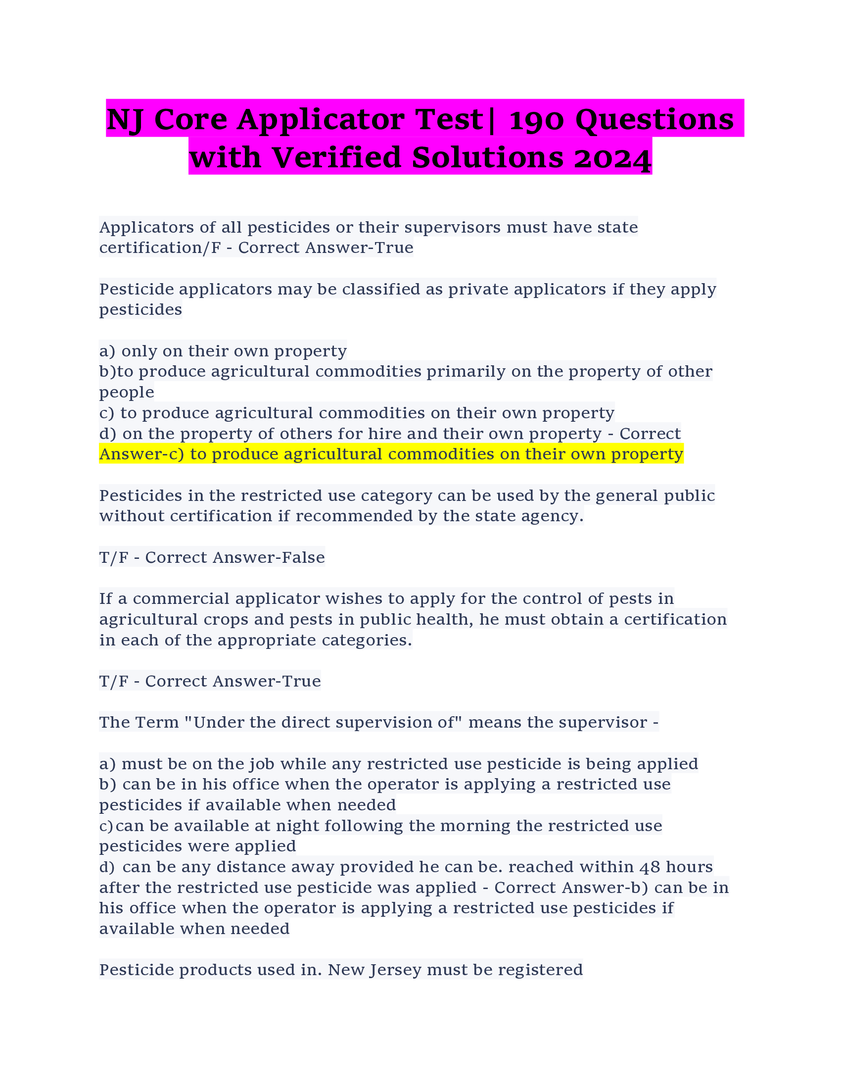 NJ Core Applicator Test| 190 Questions with Verified Solutions