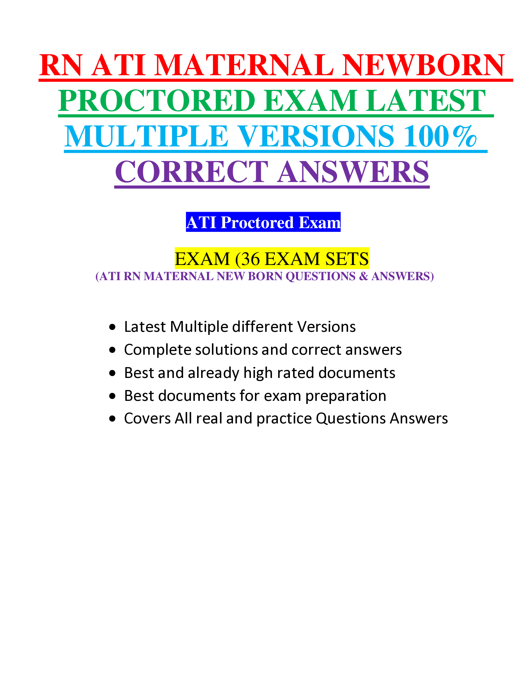 RN ATI MATERNAL NEWBORN PROCTORED EXAM LATEST MULTIPLE VERSIONS 100% CORRECT ANSWERS