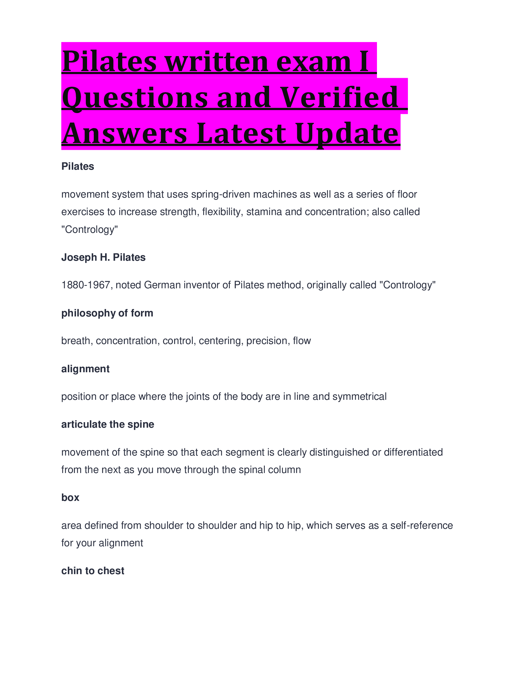 Pilates Written Exam I Questions and Verified Answers Latest Update