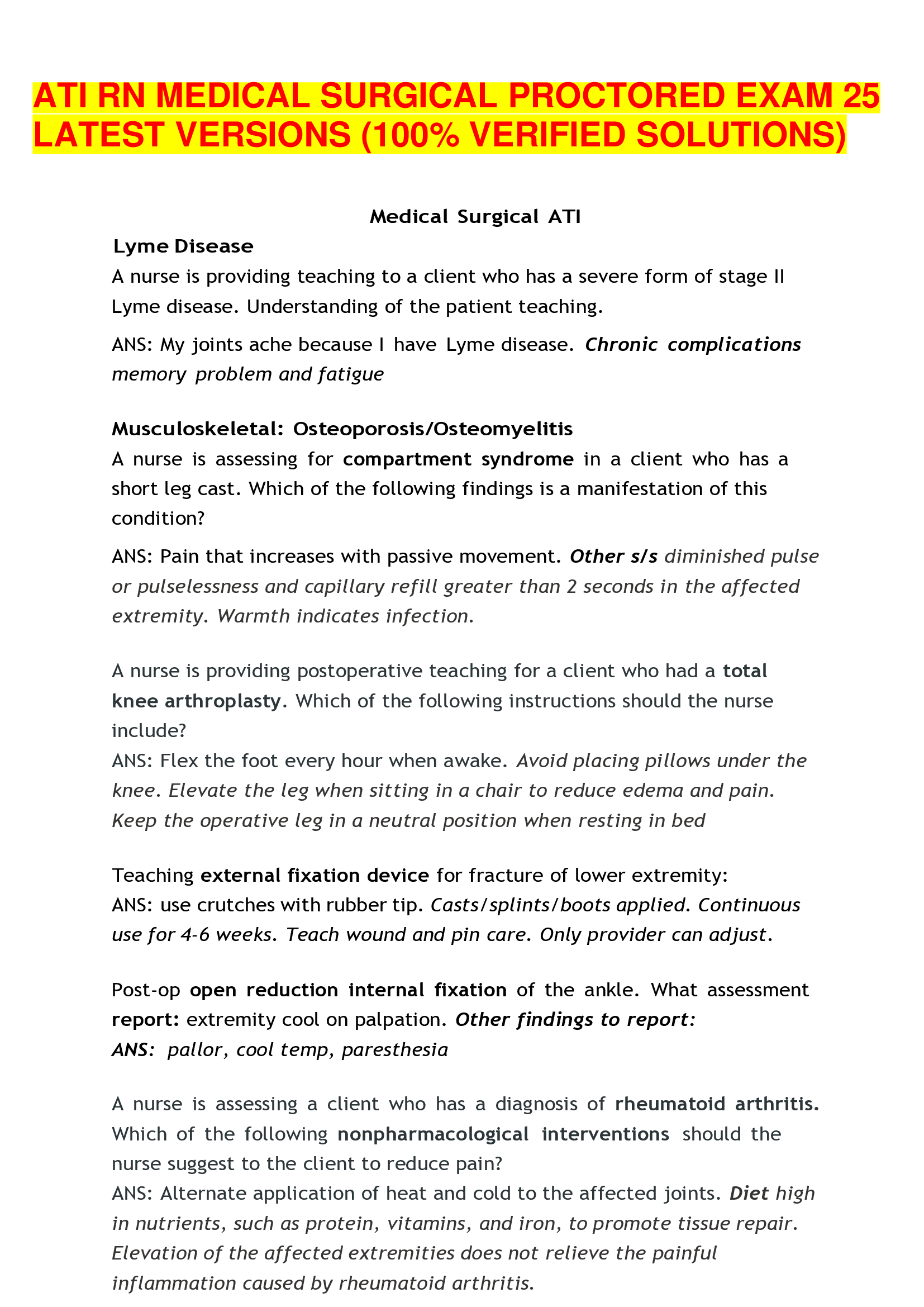 ATI RN MEDICAL SURGICAL PROCTORED EXAM 25 LATEST VERSIONS (100% VERIFIED SOLUTIONS)