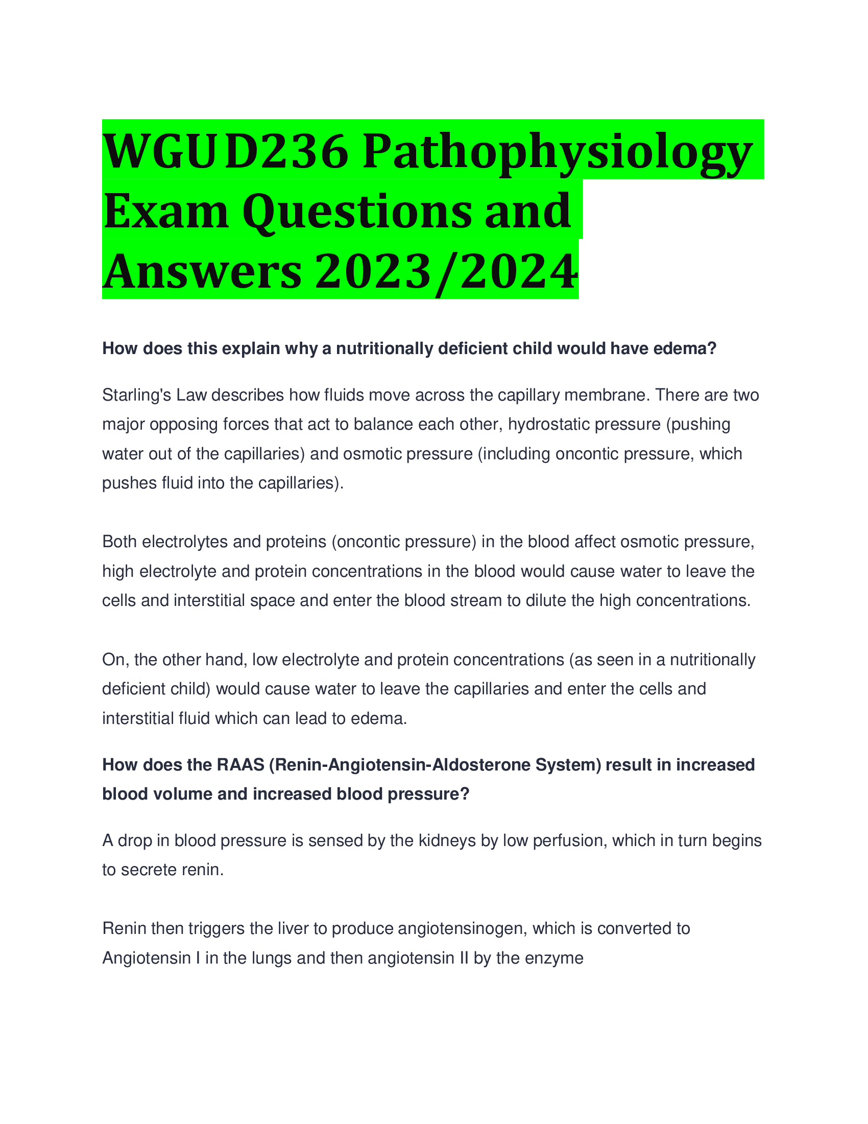 WGU D236 Pathophysiology Exam Questions and Answers 2023, 2024