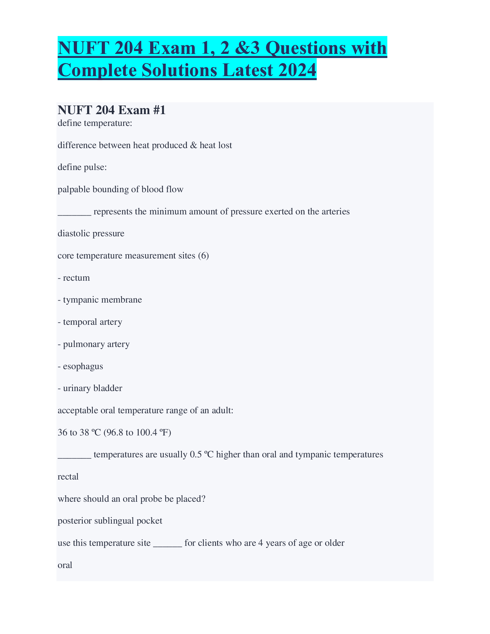 NUFT 204 Exam 1, 2 &3 Questions with Complete Solutions Latest 2024