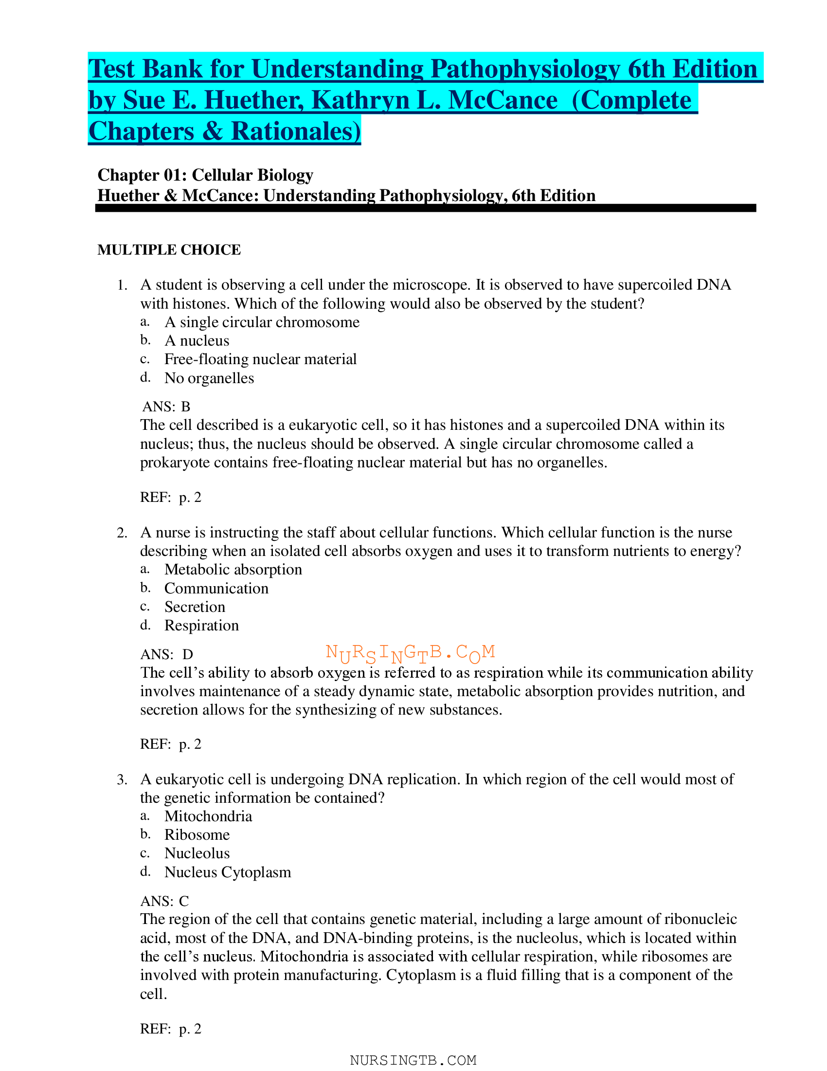 Test Bank for Understanding Pathophysiology 6th Edition by Sue E. Huether, Kathryn L. McCance  (Complete Chapters & Rationales)