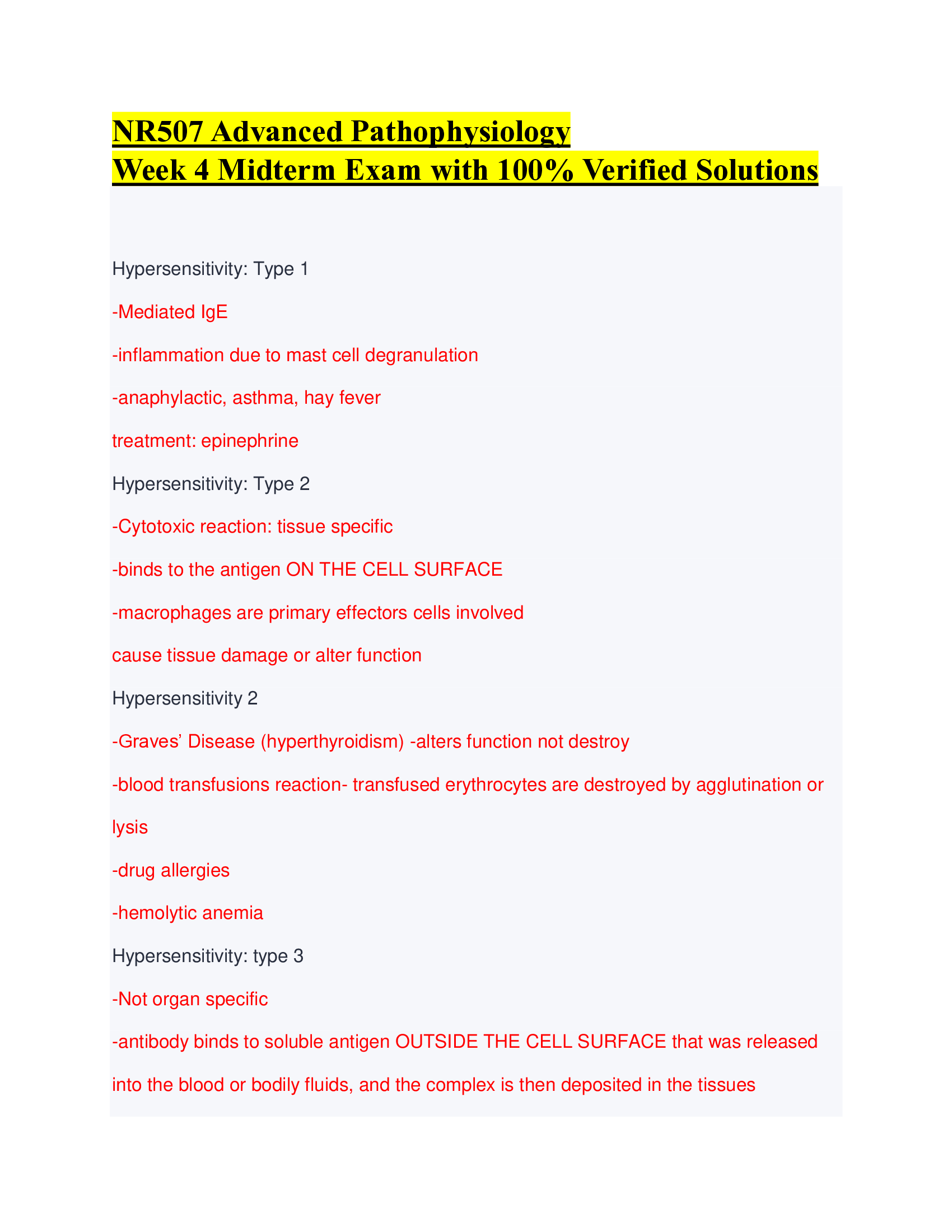 NR507 Advanced Pathophysiology Week 4 Midterm Exam with 100% Verified Solutions