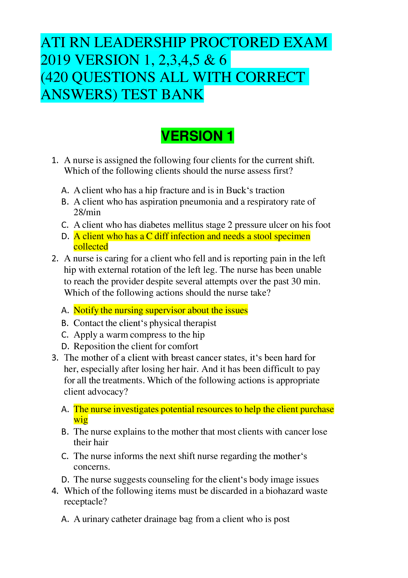 ATI RN LEADERSHIP PROCTORED EXAM 2019 VERSION 1, 2,3,4,5 & 6  (420 QUESTIONS ALL WITH CORRECT ANSWERS) TEST BANK