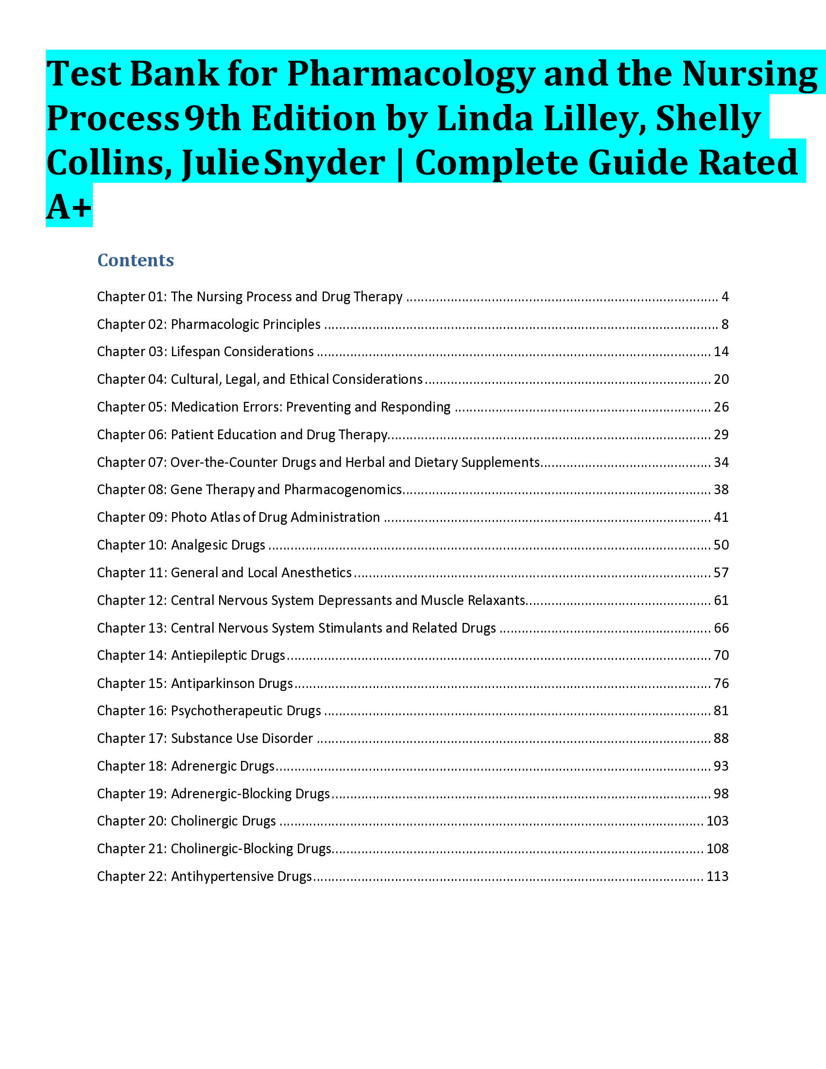 Test Bank for Pharmacology and the Nursing Process 9th Edition by Linda Lilley, Shelly Collins, Julie Snyder | Complete Guide Rated A+