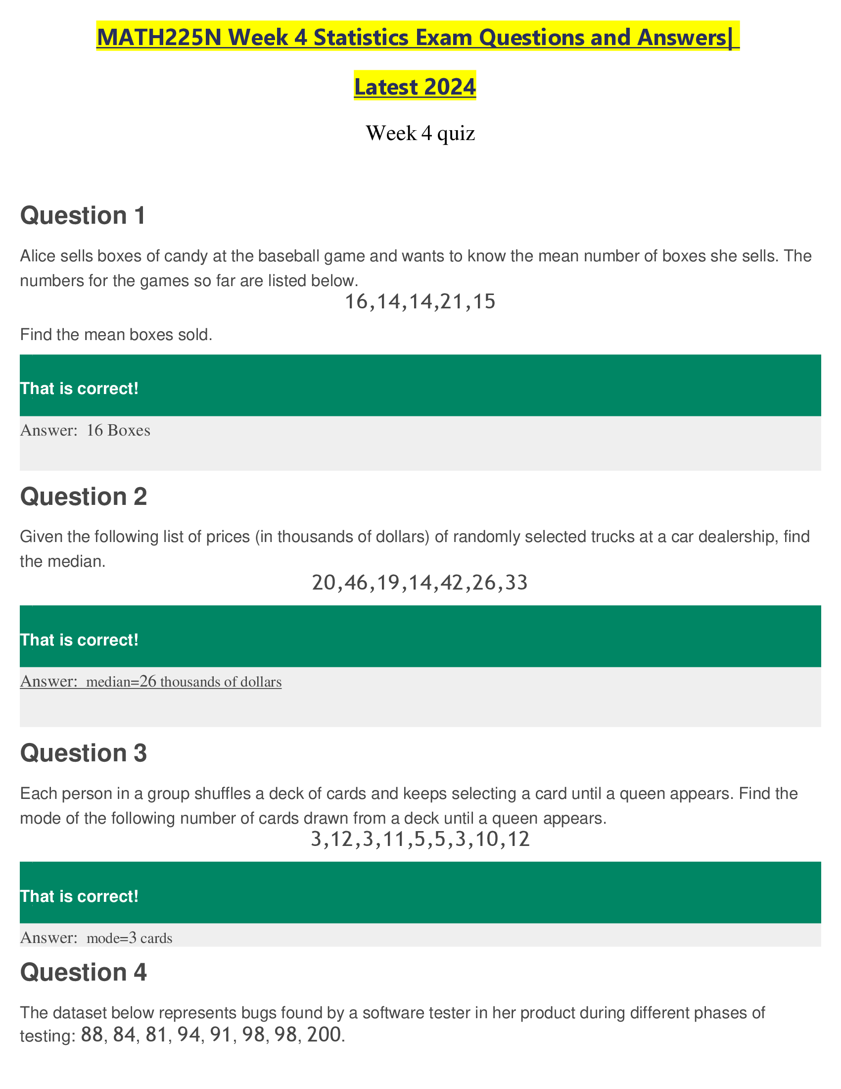 MATH225N Week 4 Statistics Exam Questions and Answers|  Latest 2024