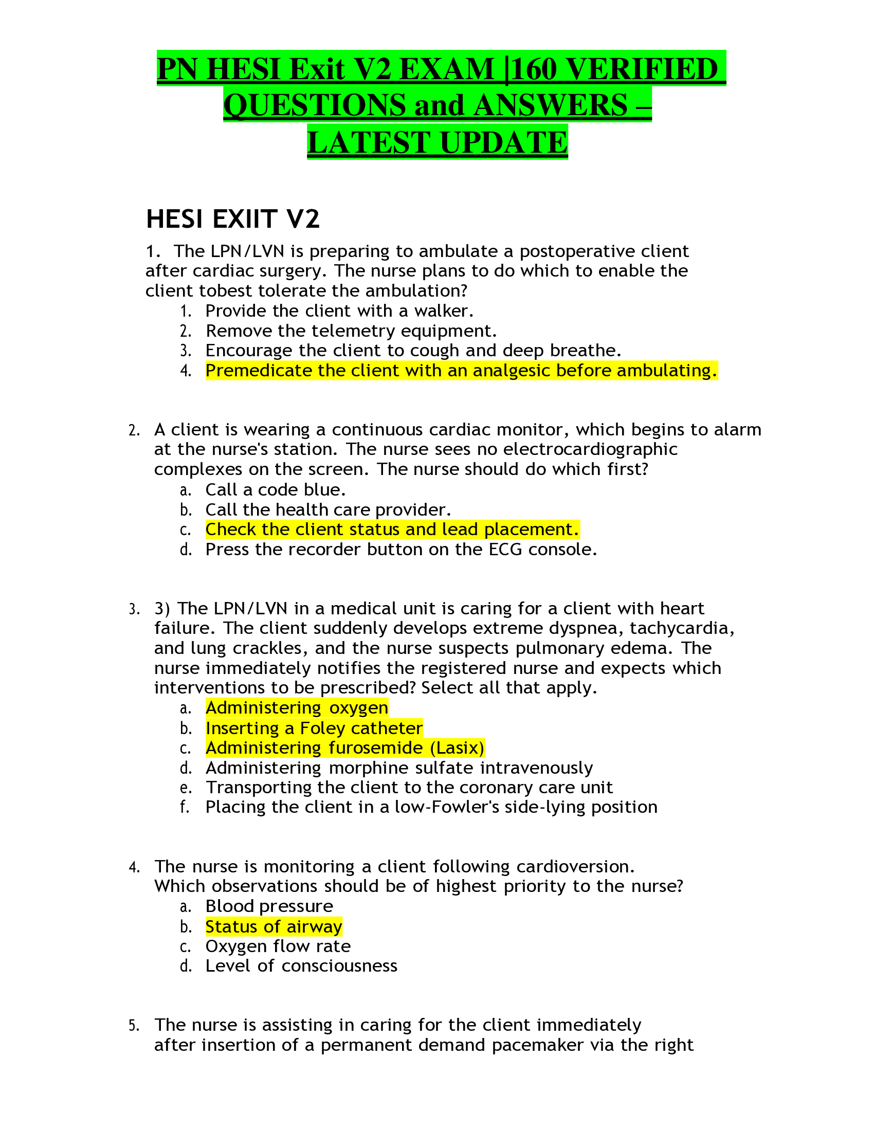 PN HESI Exit V2 EXAM |160 VERIFIED QUESTIONS and ANSWERS – LATEST UPDATE