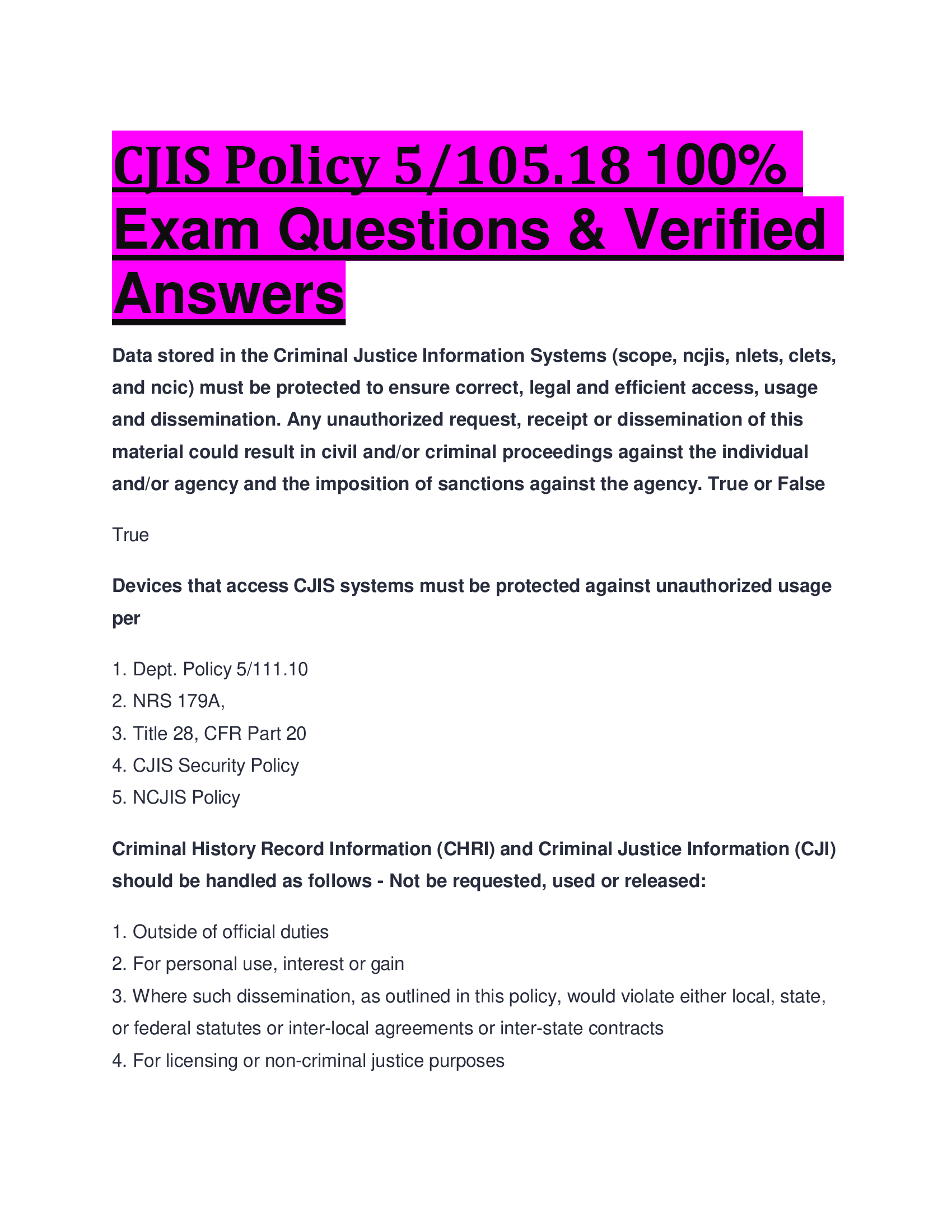 CJIS Policy 5, 105.18 100 Percent Exam Questions & Verified Answers