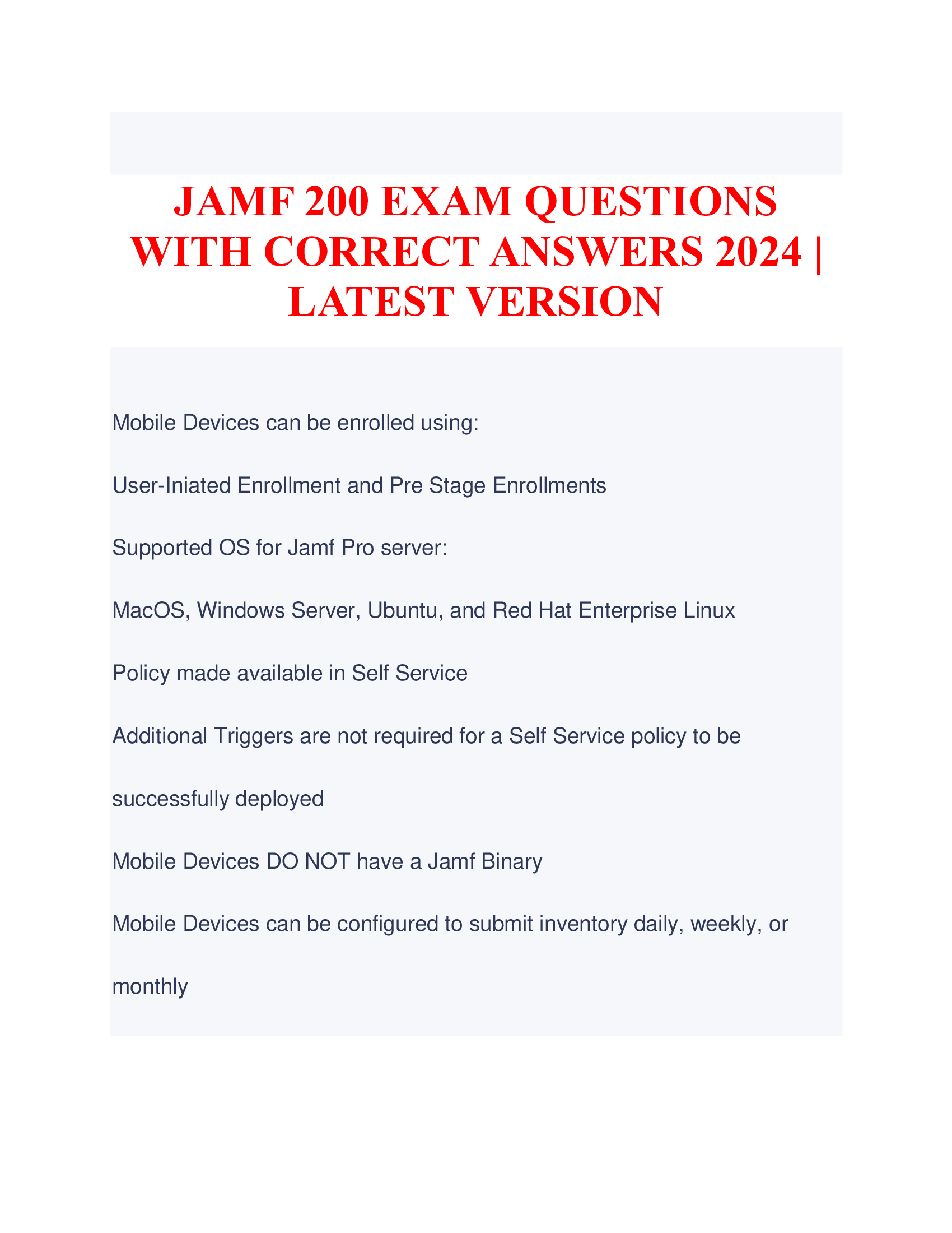 JAMF 200 EXAM QUESTIONS WITH CORRECT ANSWERS 2024