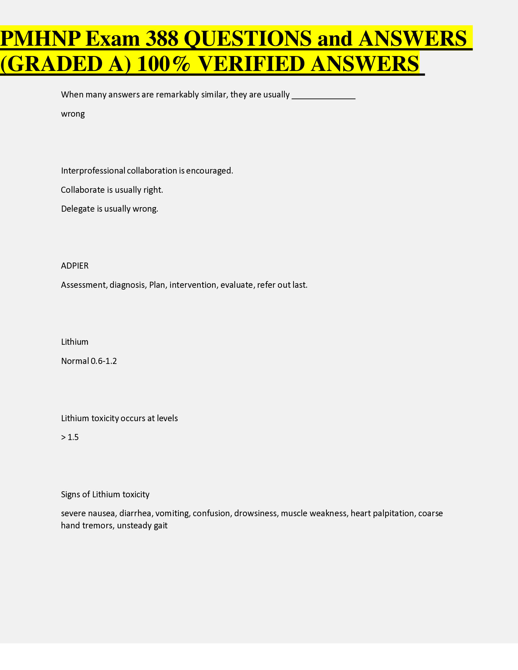 PMHNP Exam 388 QUESTIONS and ANSWERS (GRADED A) 100% VERIFIED ANSWERS