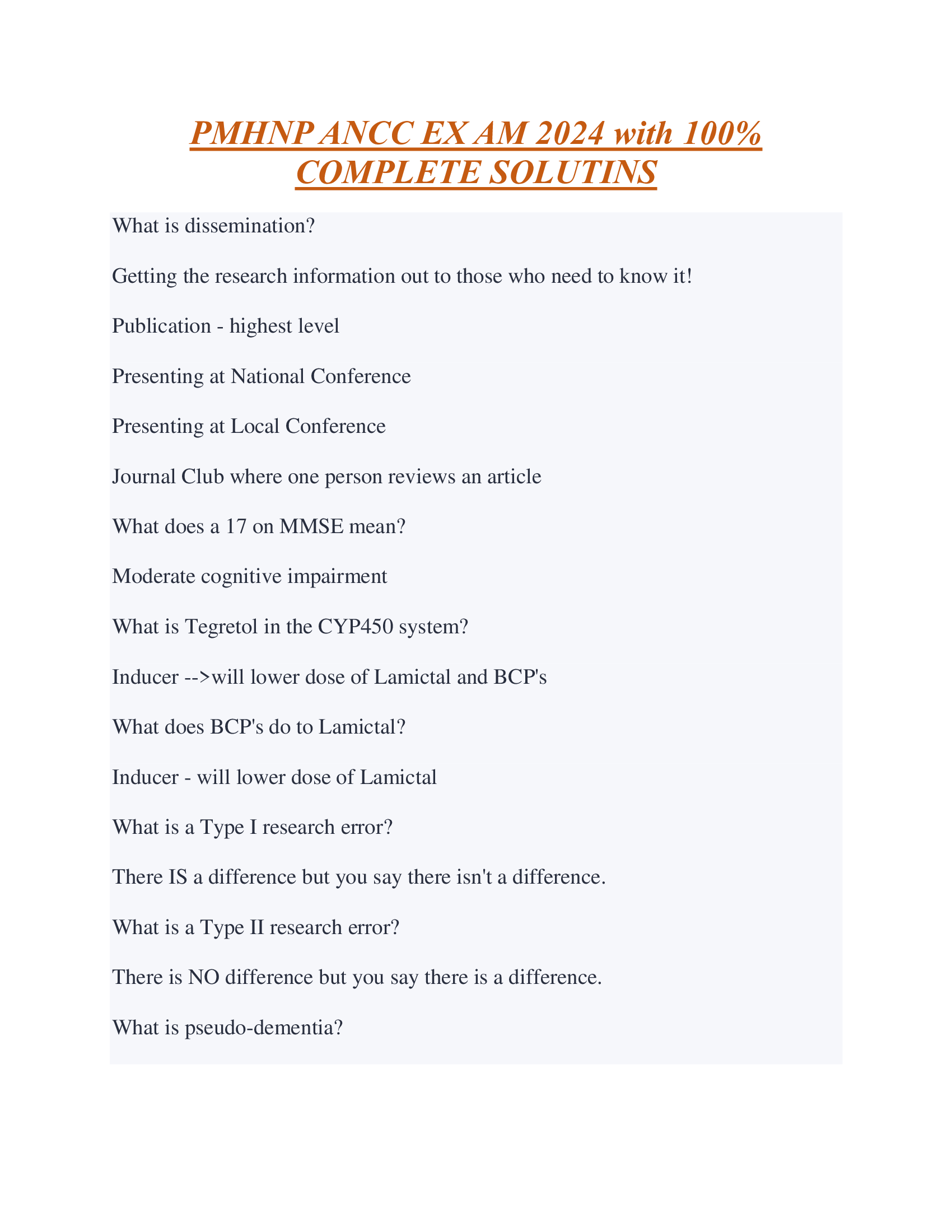 PMHNP ANCC EX AM 2024 with 100% COMPLETE SOLUTIONS