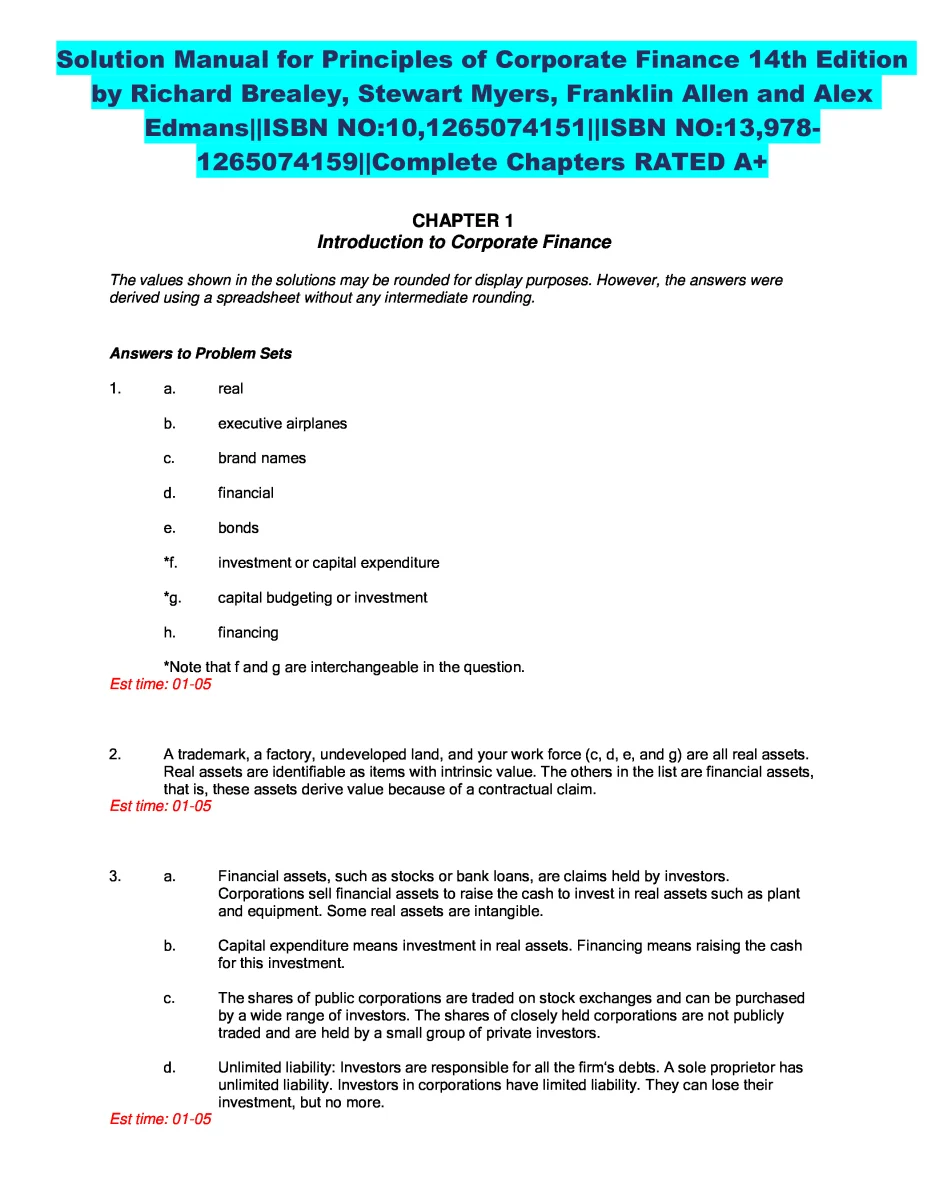 Solution Manual for Principles of Corporate Finance 14th Edition by Richard Brealey, Stewart Myers, Franklin Allen and Alex Edmans | ISBN NO:10,1265074151 | ISBN NO:13,978-1265074159 | Complete Chapters RATED A+