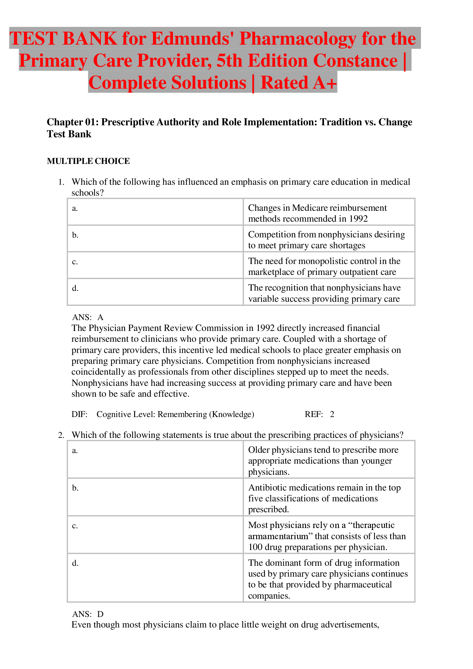 Edmunds Pharmacology for the Primary Care Provider, 5th Edition Constance Test Bank | Complete Solutions | Rated A+ | Update 2024