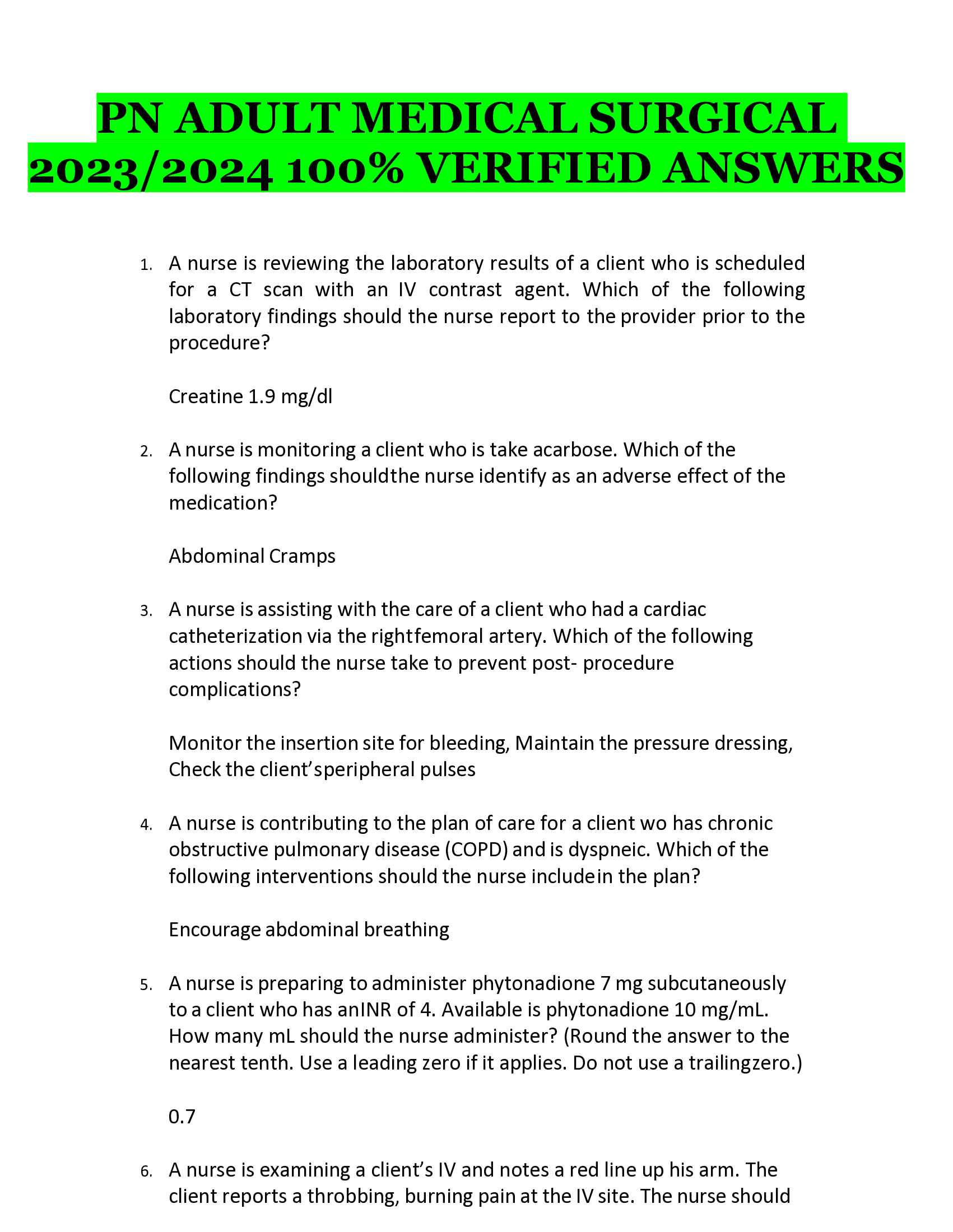 PN ADULT MEDICAL SURGICAL 2023, 2024 100 percent VERIFIED ANSWERS
