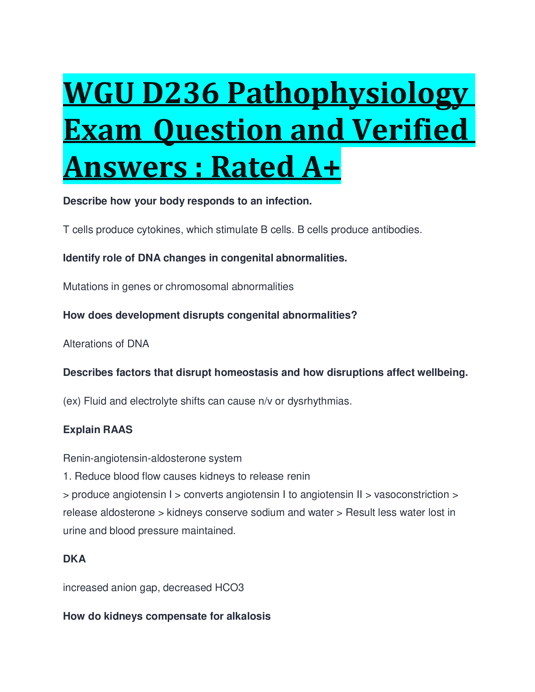 WGU D236 Pathophysiology Exam Question and Verified Answers : Rated A+