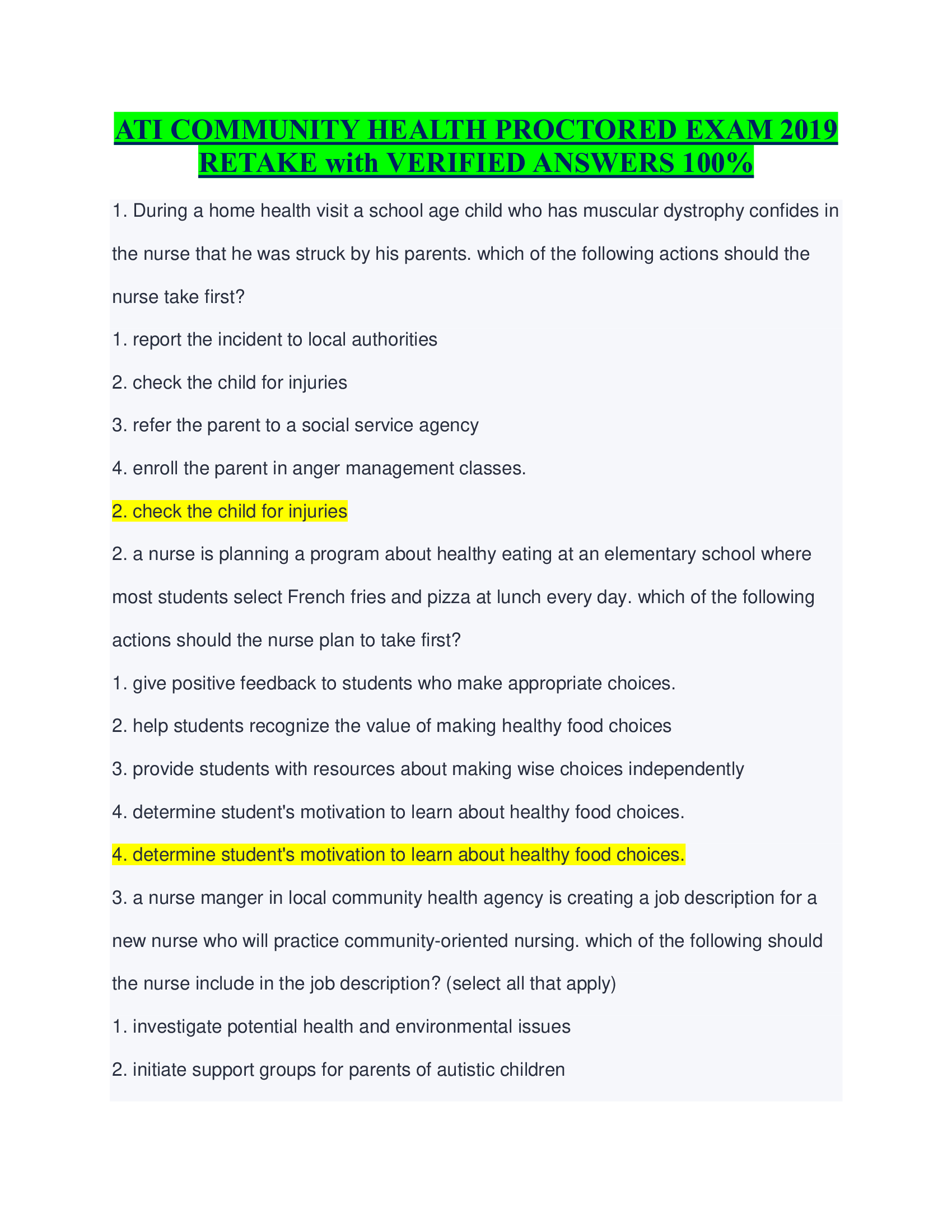 ATI COMMUNITY HEALTH PROCTORED EXAM 2019 RETAKE with VERIFIED ANSWERS 100%