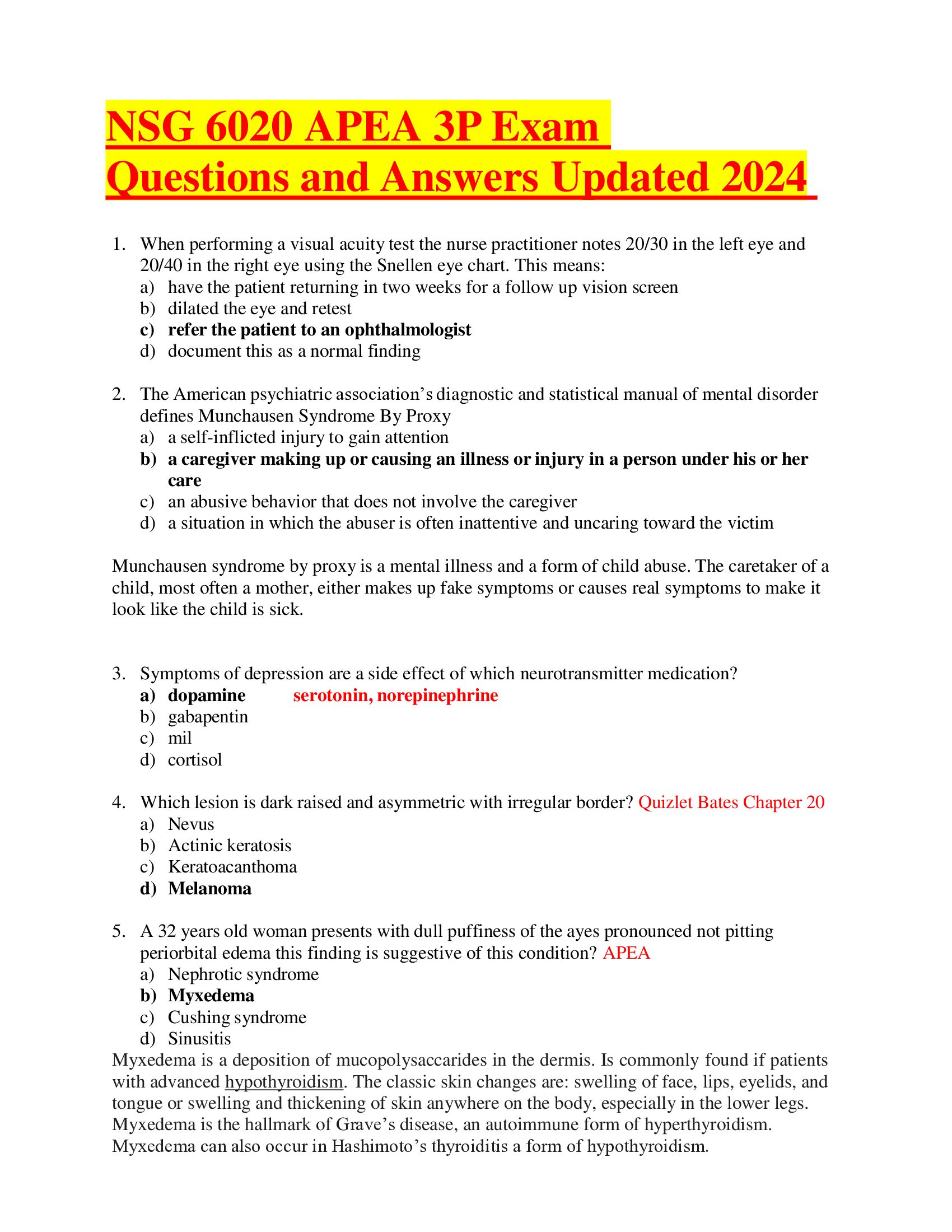NSG 6020 APEA 3P Exam  Questions and Answers Updated 2024