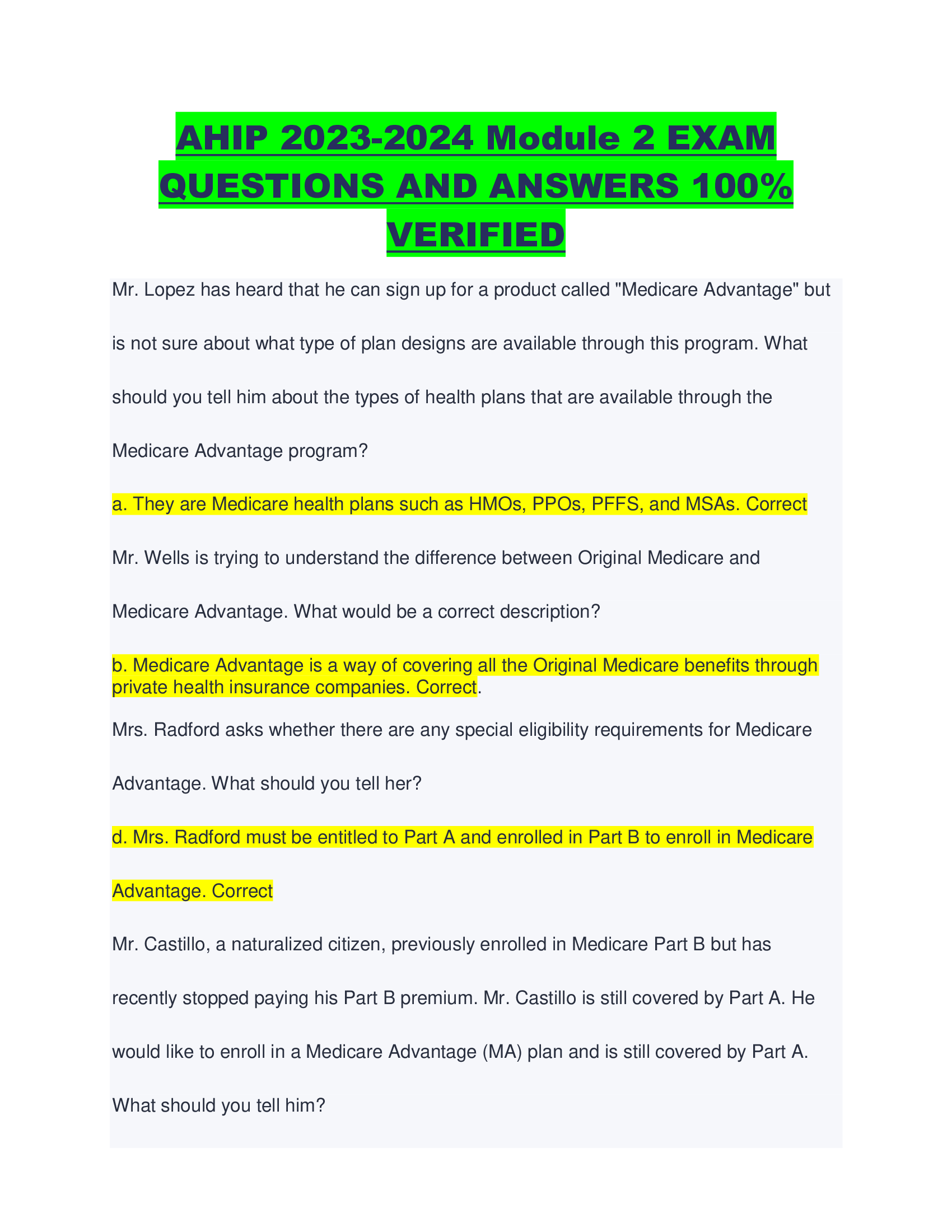 AHIP 2023-2024 Module 2 EXAM QUESTIONS AND ANSWERS 100% VERIFIED