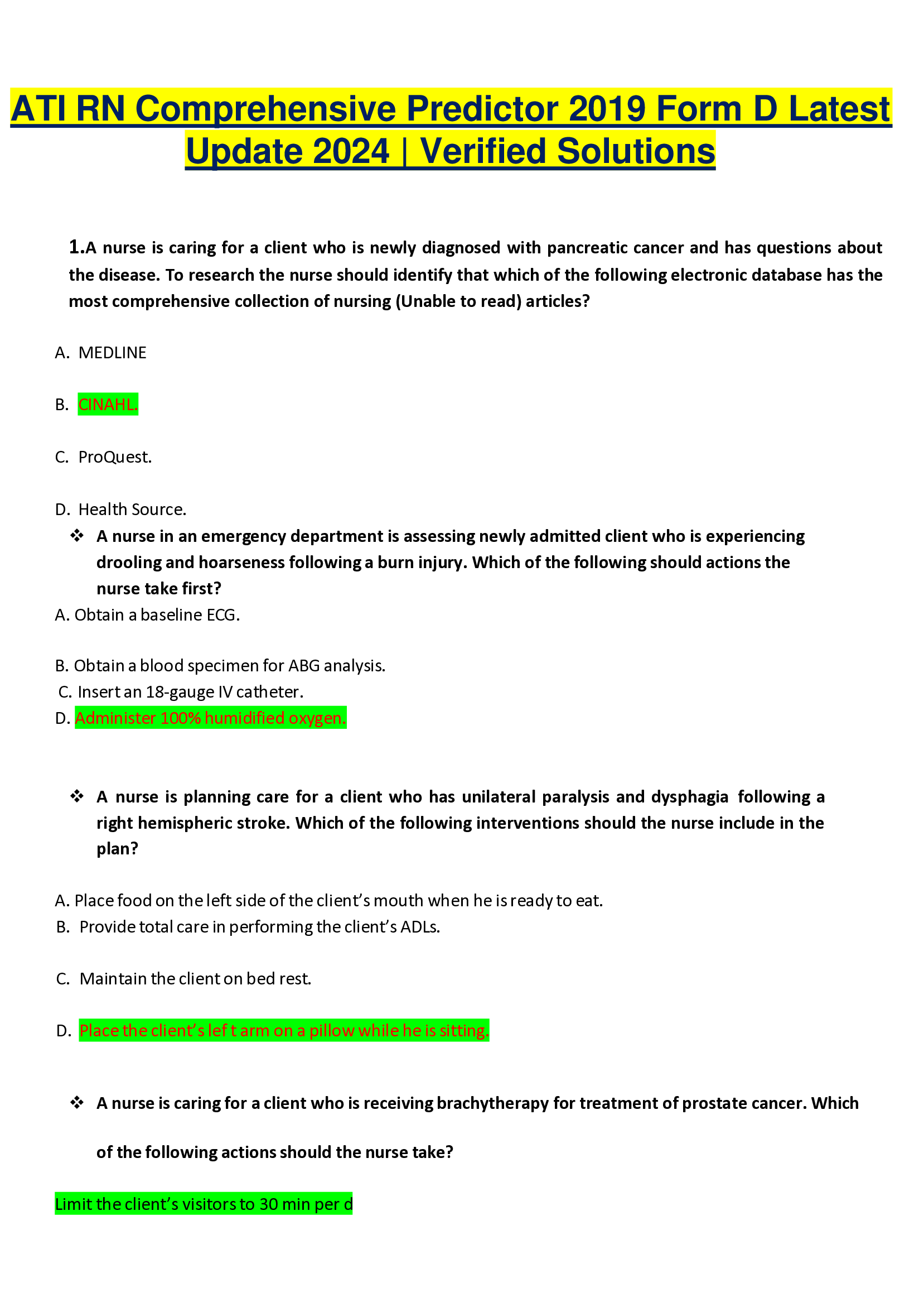 ATI RN Comprehensive Predictor 2019 Form D Latest Update 2024 | Verified Solutions