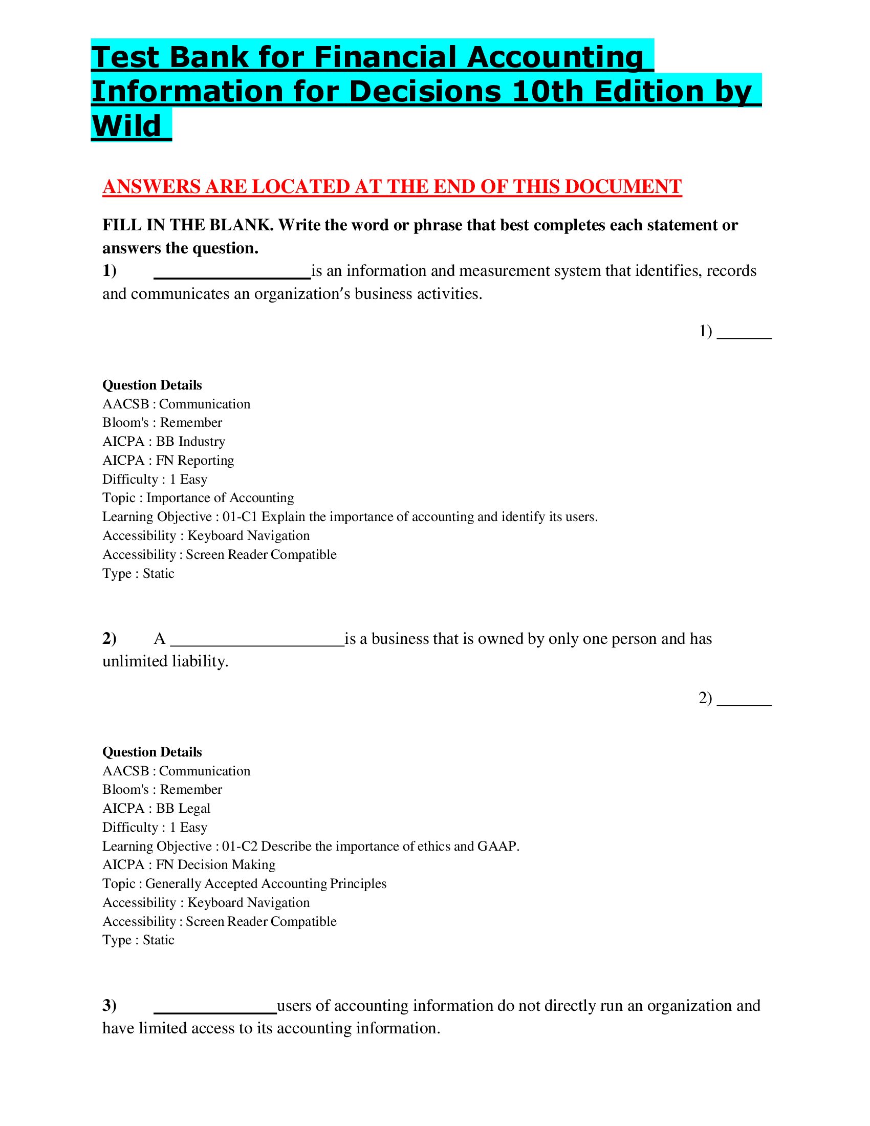Test Bank for Financial Accounting Information for Decisions 10th Edition by Wild