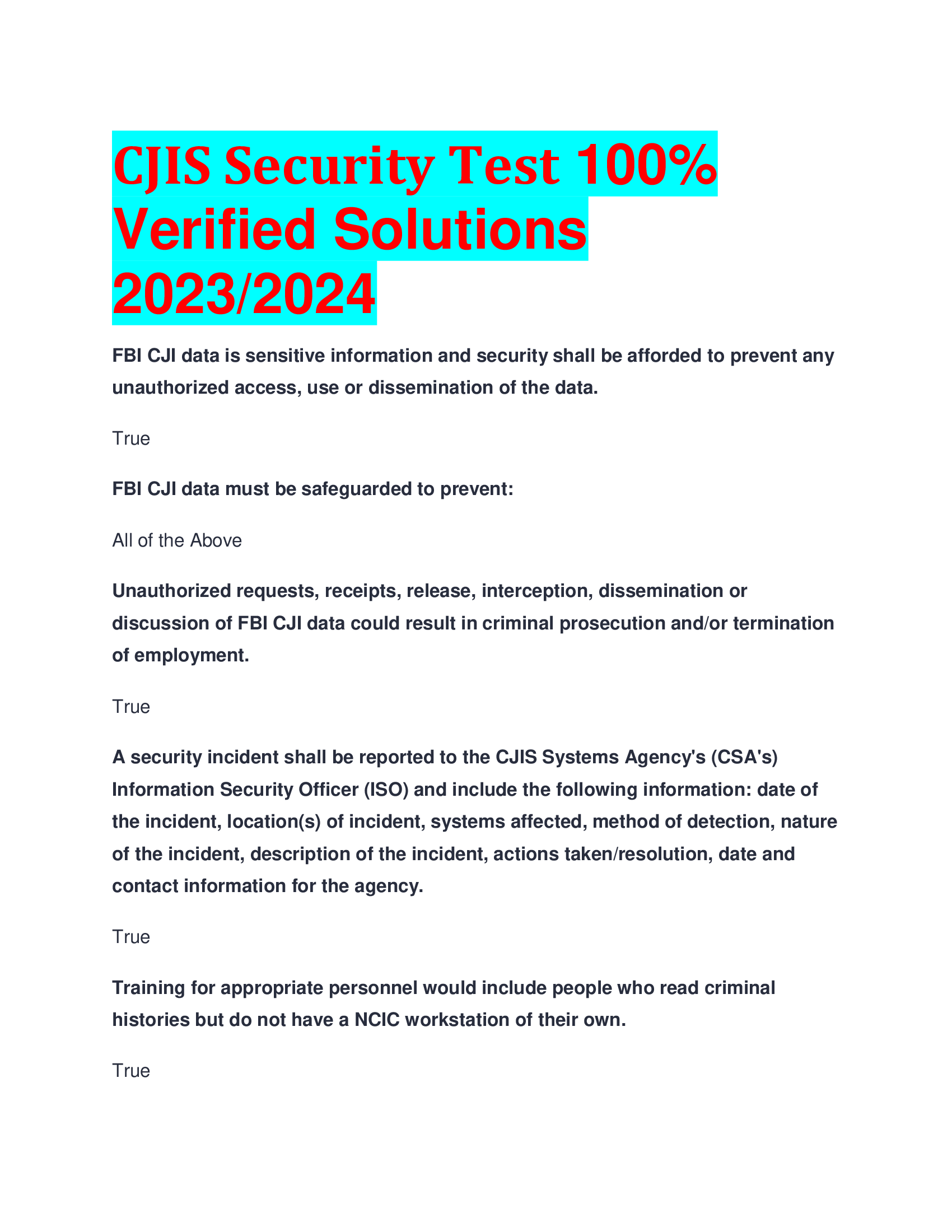 CJIS Security Test 100 percent Verified Solutions 2023, 2024