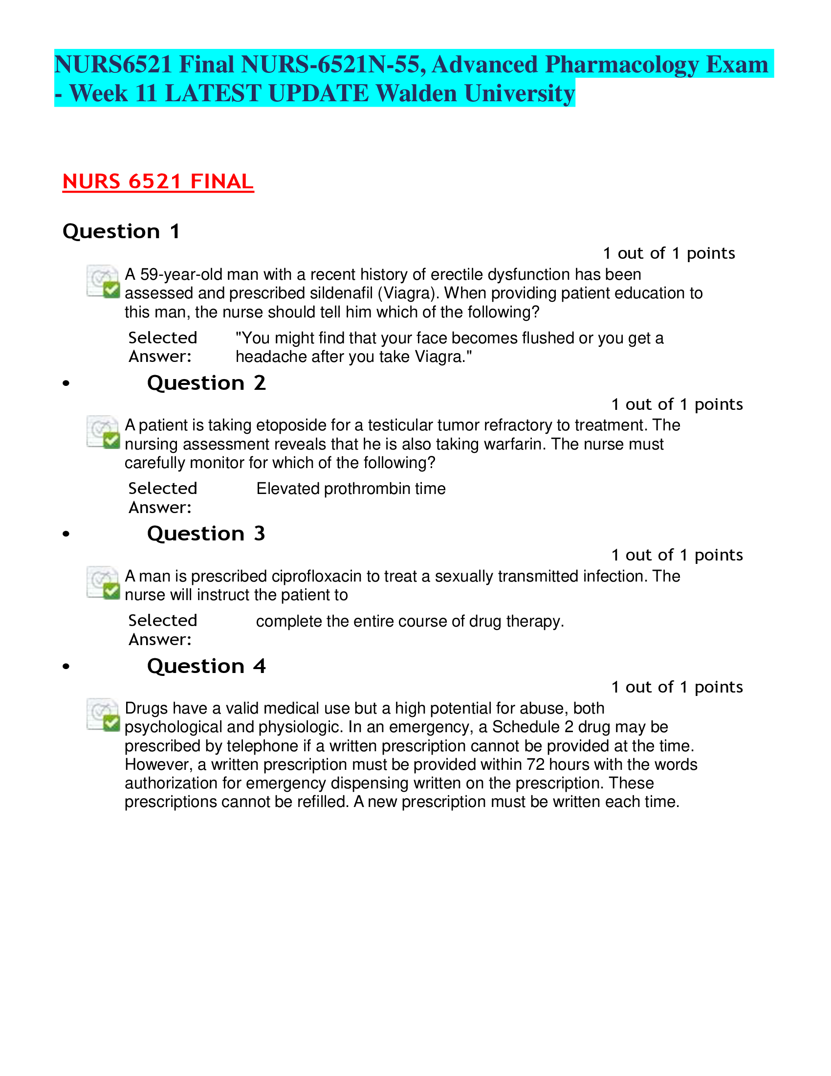 NURS6521 Final NURS-6521N-55, Advanced Pharmacology Exam - Week 11 LATEST UPDATE Walden University