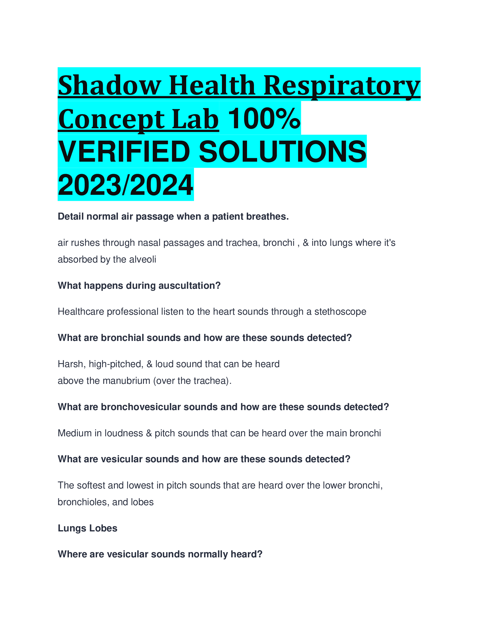 Shadow Health Respiratory Concept Lab  VERIFIED SOLUTIONS  2023,2024