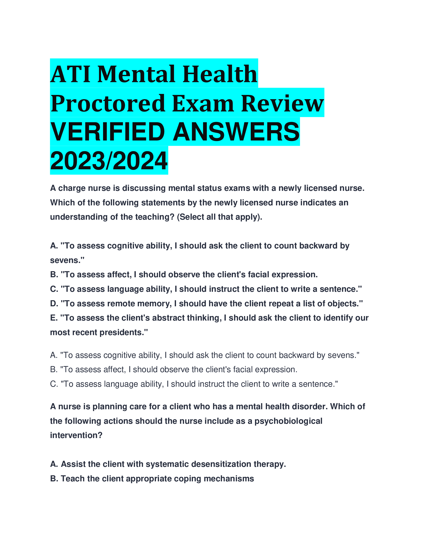 ATI Mental Health Proctored Exam Review VERIFIED ANSWERS  2023,2024