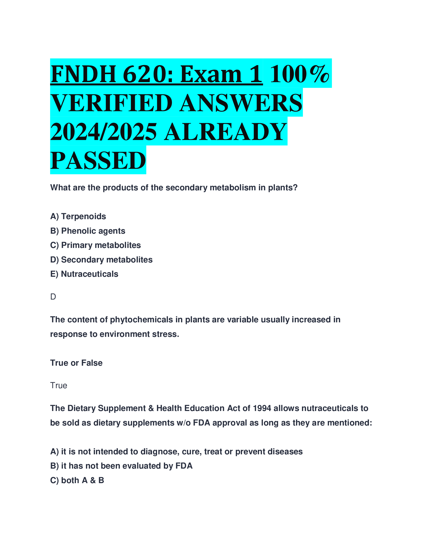 FNDH 620: Exam 1 VERIFIED ANSWERS  20242026 ALREADY  PASSED