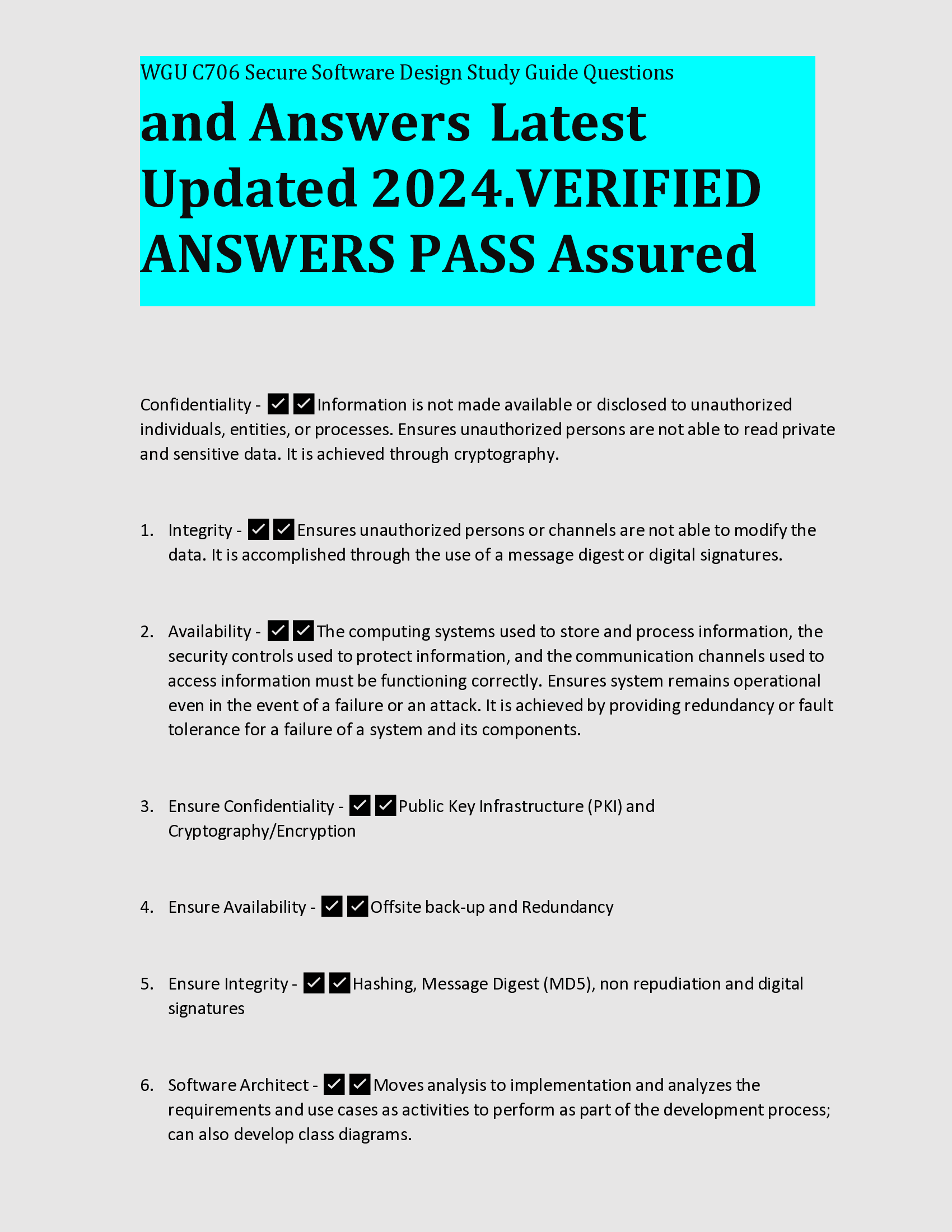 WGU C706 Secure Software Design Study Guide Questions and Answers Latest Updated 2024.VERIFIED  ANSWERS PASS Assured