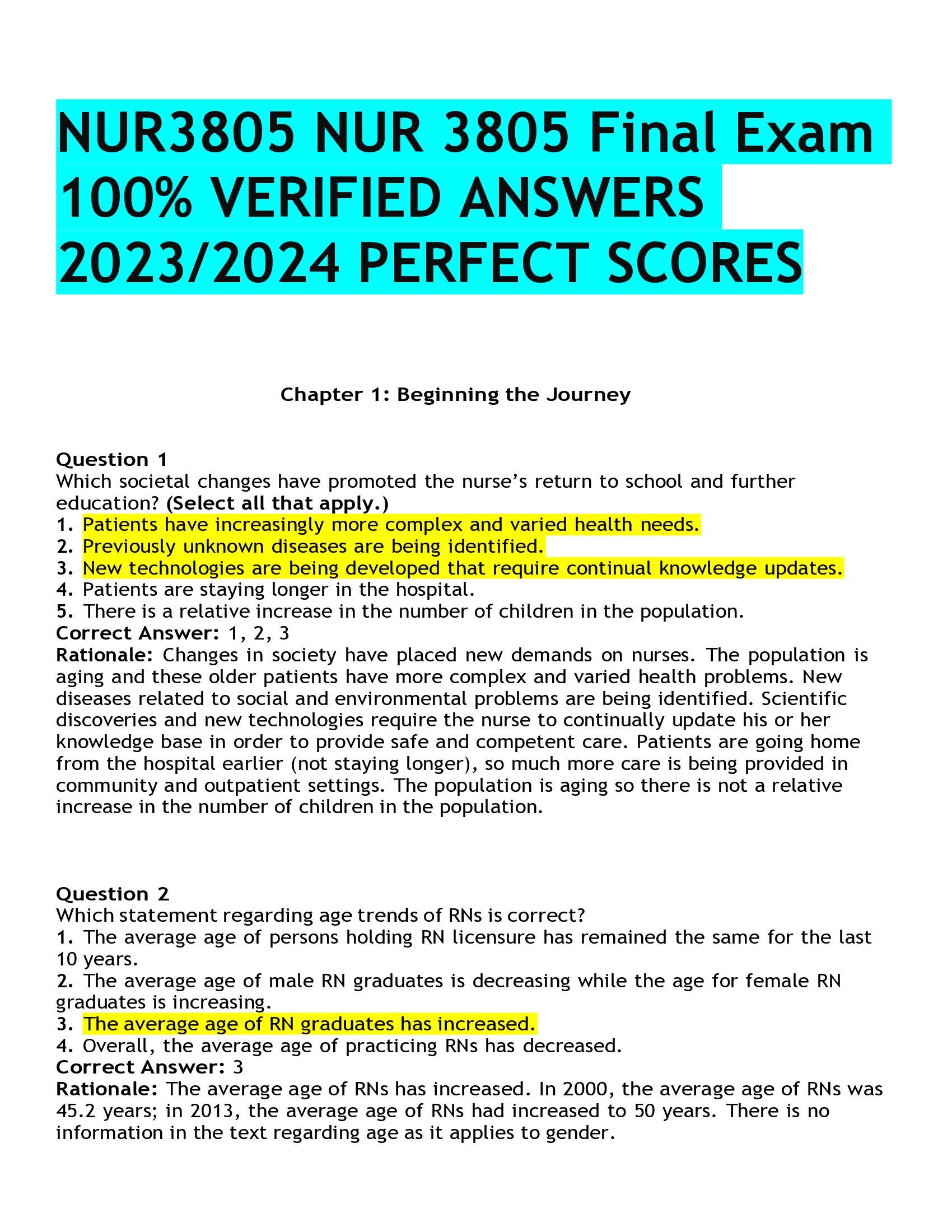 NUR3805 NUR 3805 Final Exam VERIFIED ANSWERS  2023,2024 PERFECT SCORES