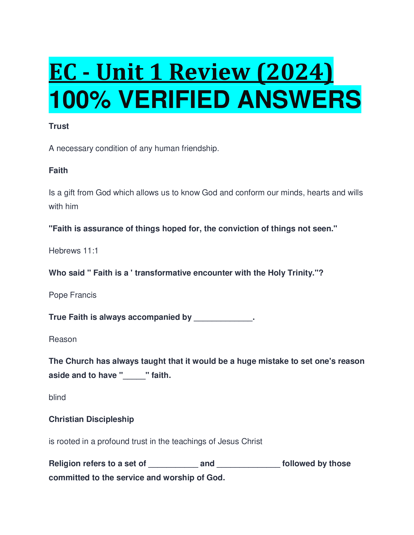 EC - Unit 1 Review 2024 VERIFIED ANSWERS