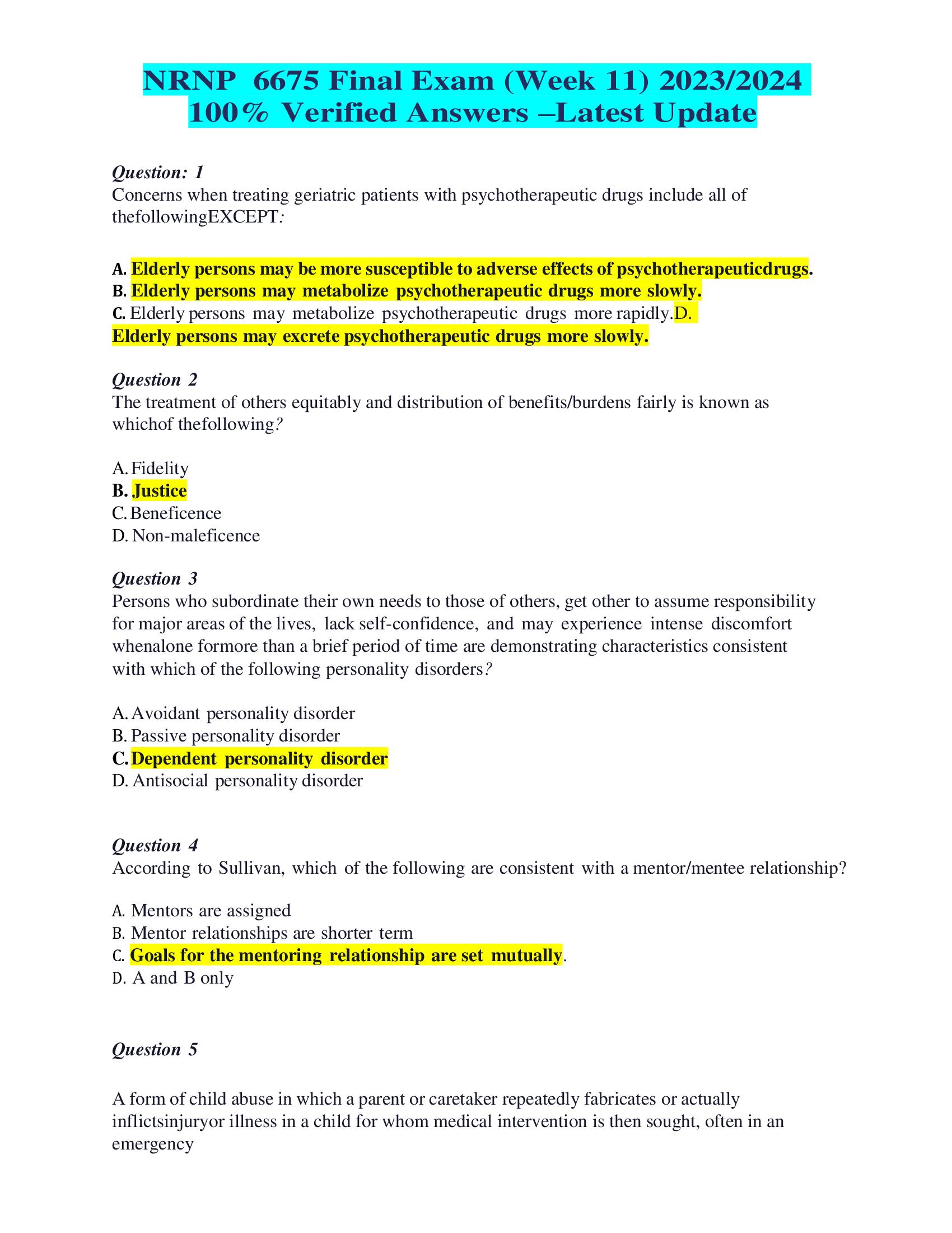 NRNP 6675 Final Exam (Week 11) 2023,2024   Verified Answers –Latest Update