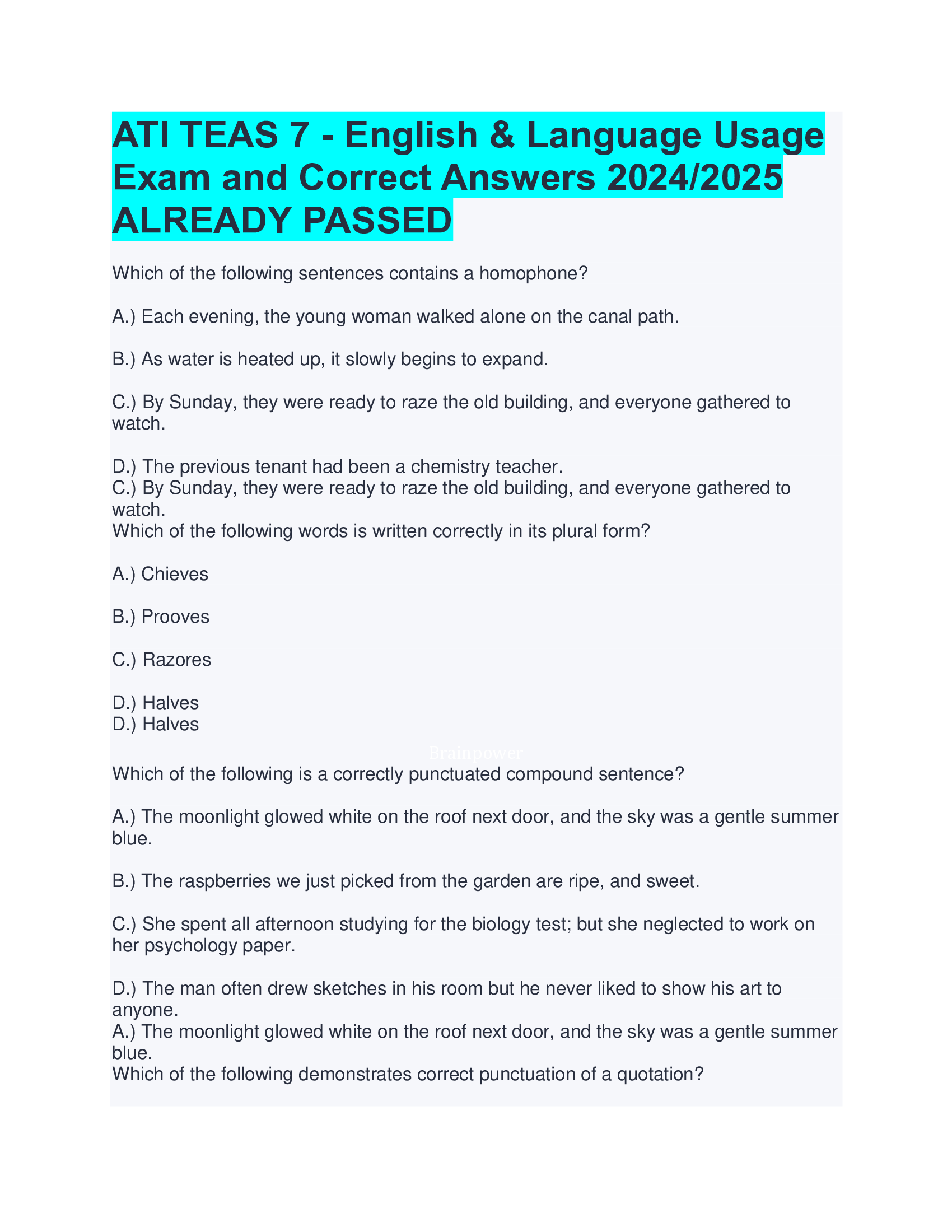 ATI TEAS 7 - English & Language Usage  Exam and Correct Answers 20242026  ALREADY PASSED