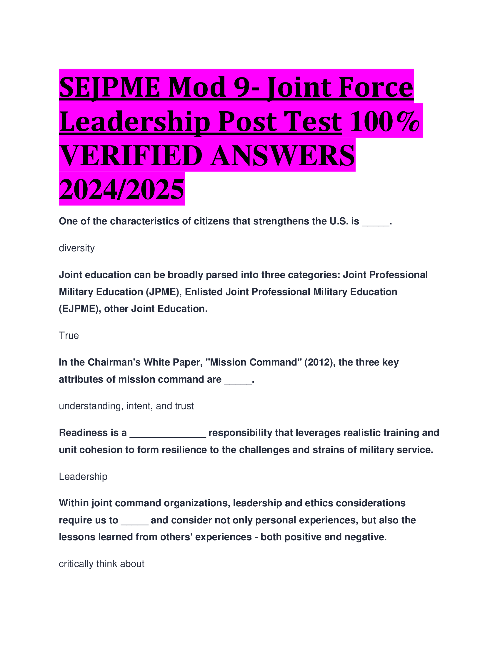 SEJPME Mod 9- Joint Force Leadership Post Test VERIFIED ANSWERS  2024, 2026
