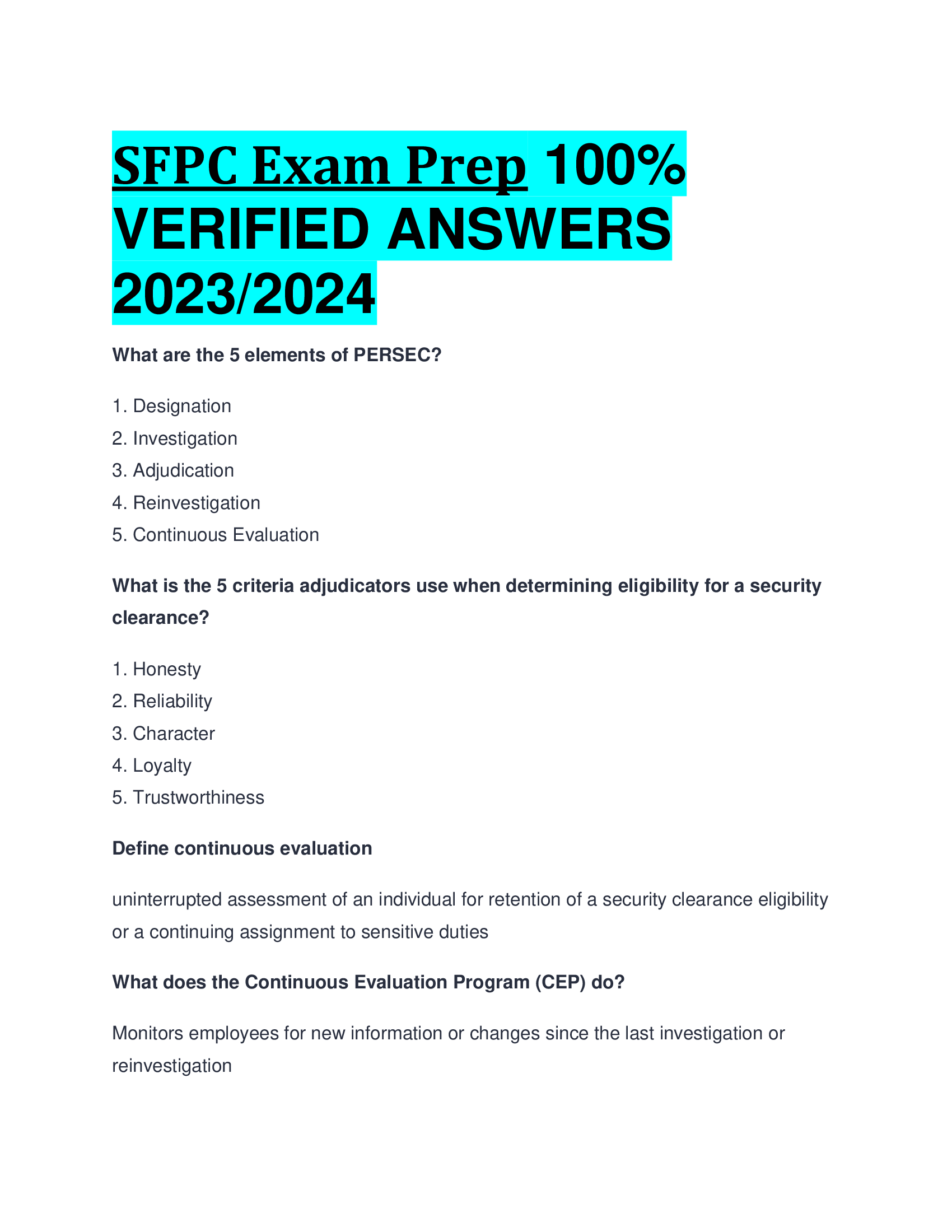 SFPC Exam Prep  VERIFIED ANSWERS  2023,2024
