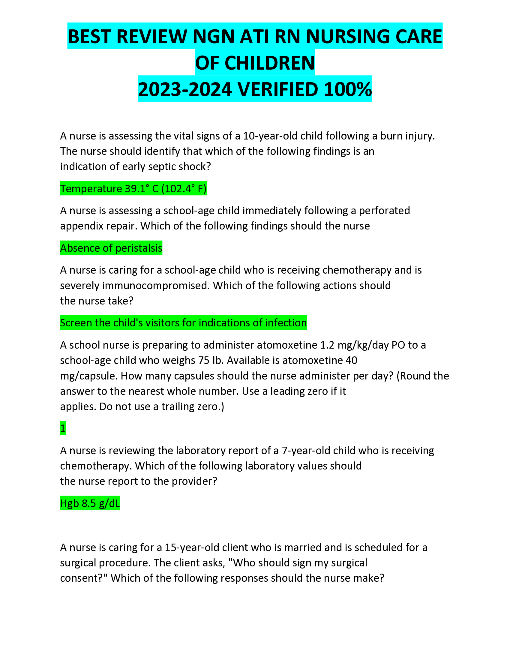 BEST REVIEW NGN ATI RN NURSING CARE  OF CHILDREN 2023-2024 VERIFIED