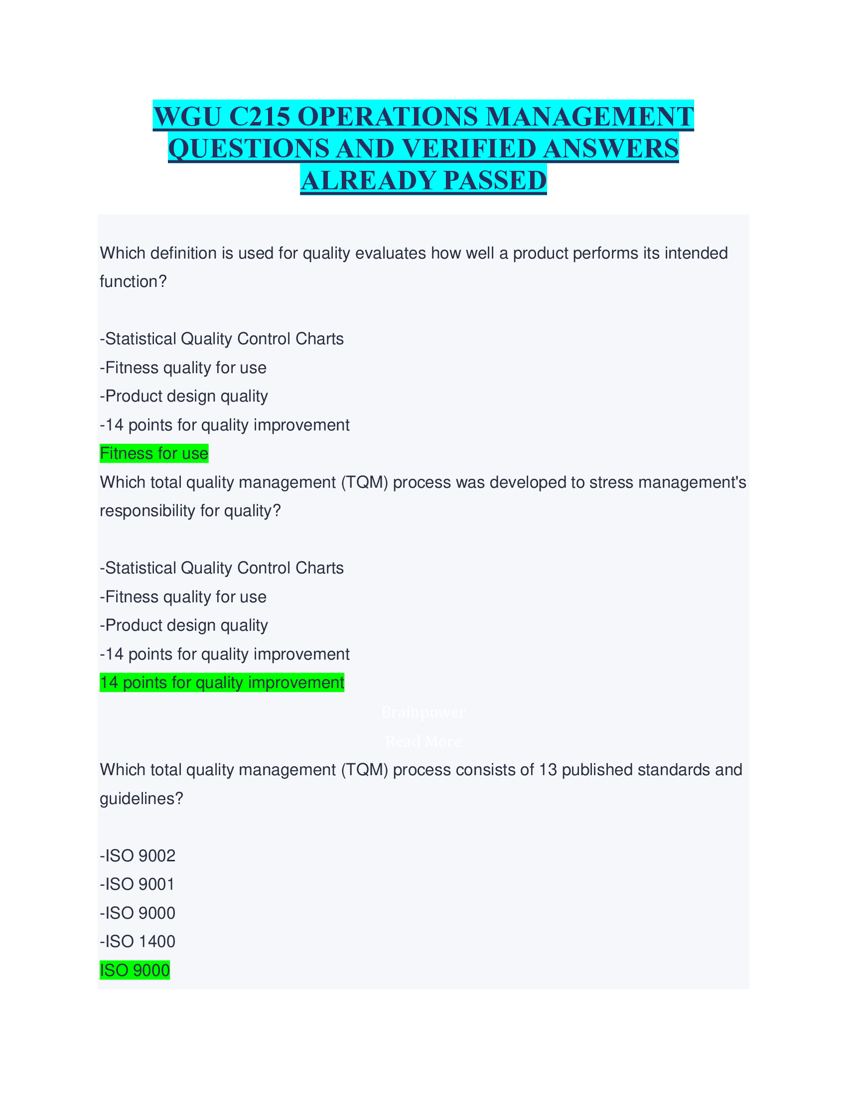 WGU C215 OPERATIONS MANAGEMENT  QUESTIONS AND VERIFIED ANSWERS ALREADY PASSED