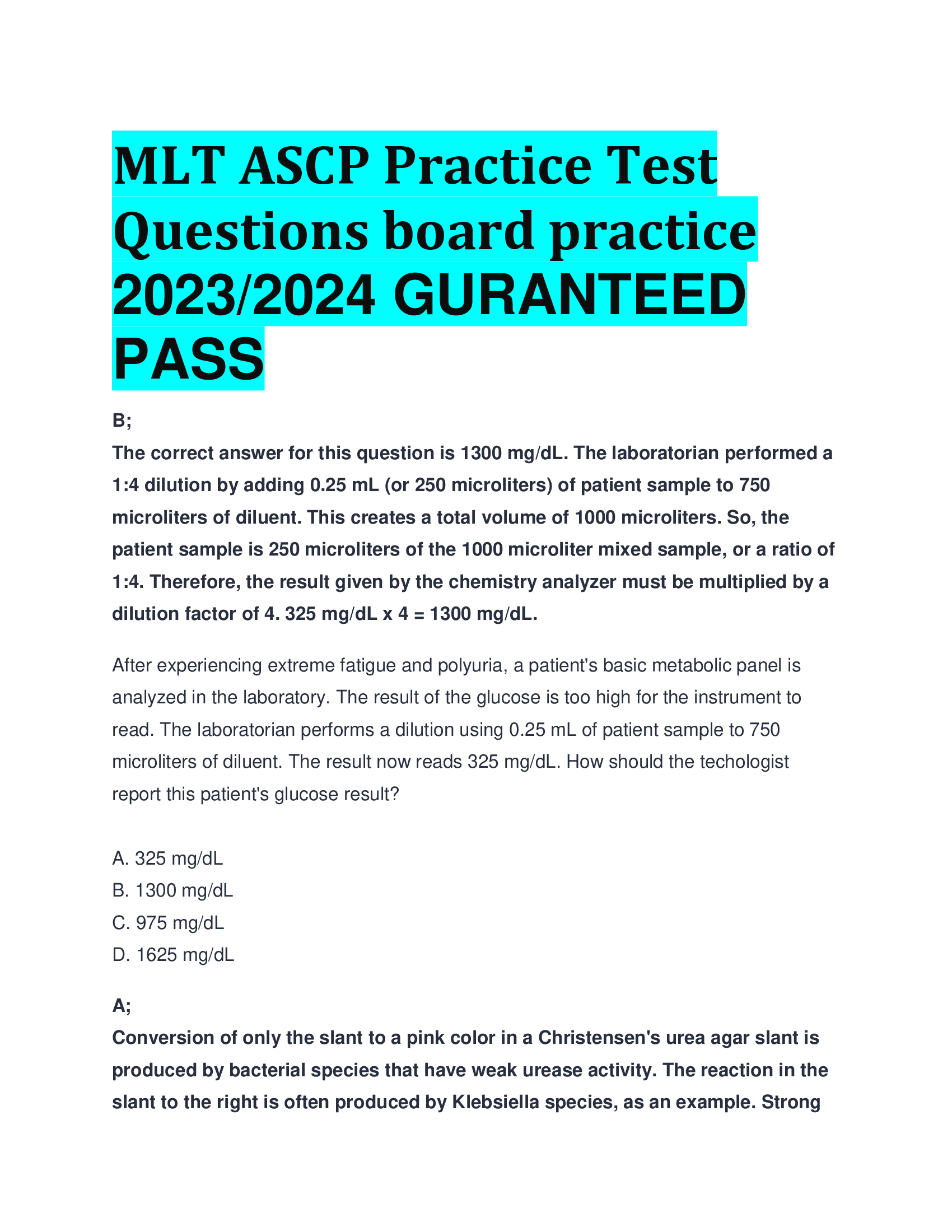 MLT ASCP Practice Test Questions board practice 2023,2024 GURANTEED  PASS