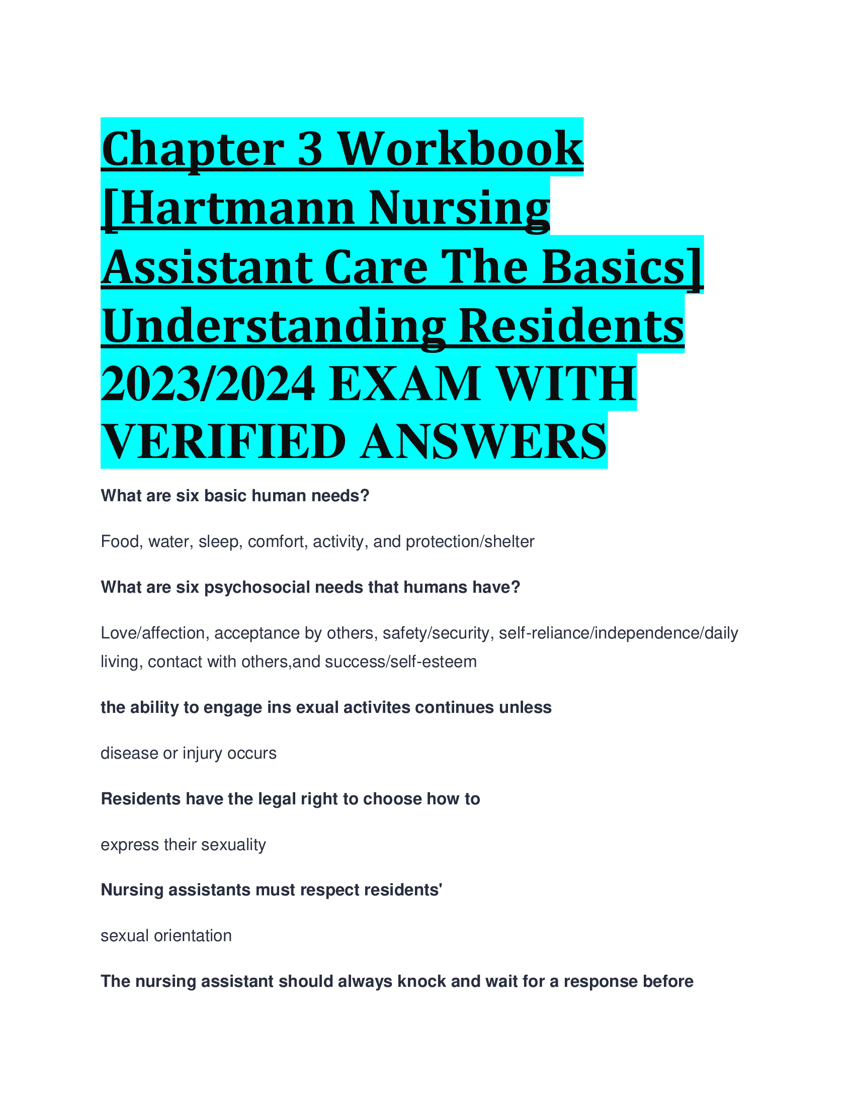 Chapter 3 Workbook [Hartmann Nursing Assistant Care The Basics] Understanding Residents 2023,2024 EXAM WITH  VERIFIED ANSWERS